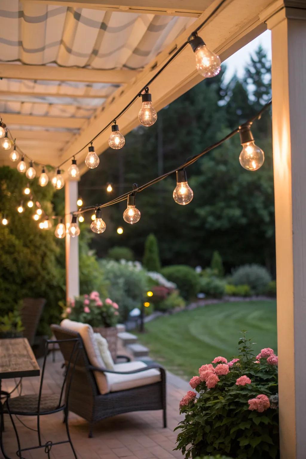 A meditation patio illuminated by soft string lights.