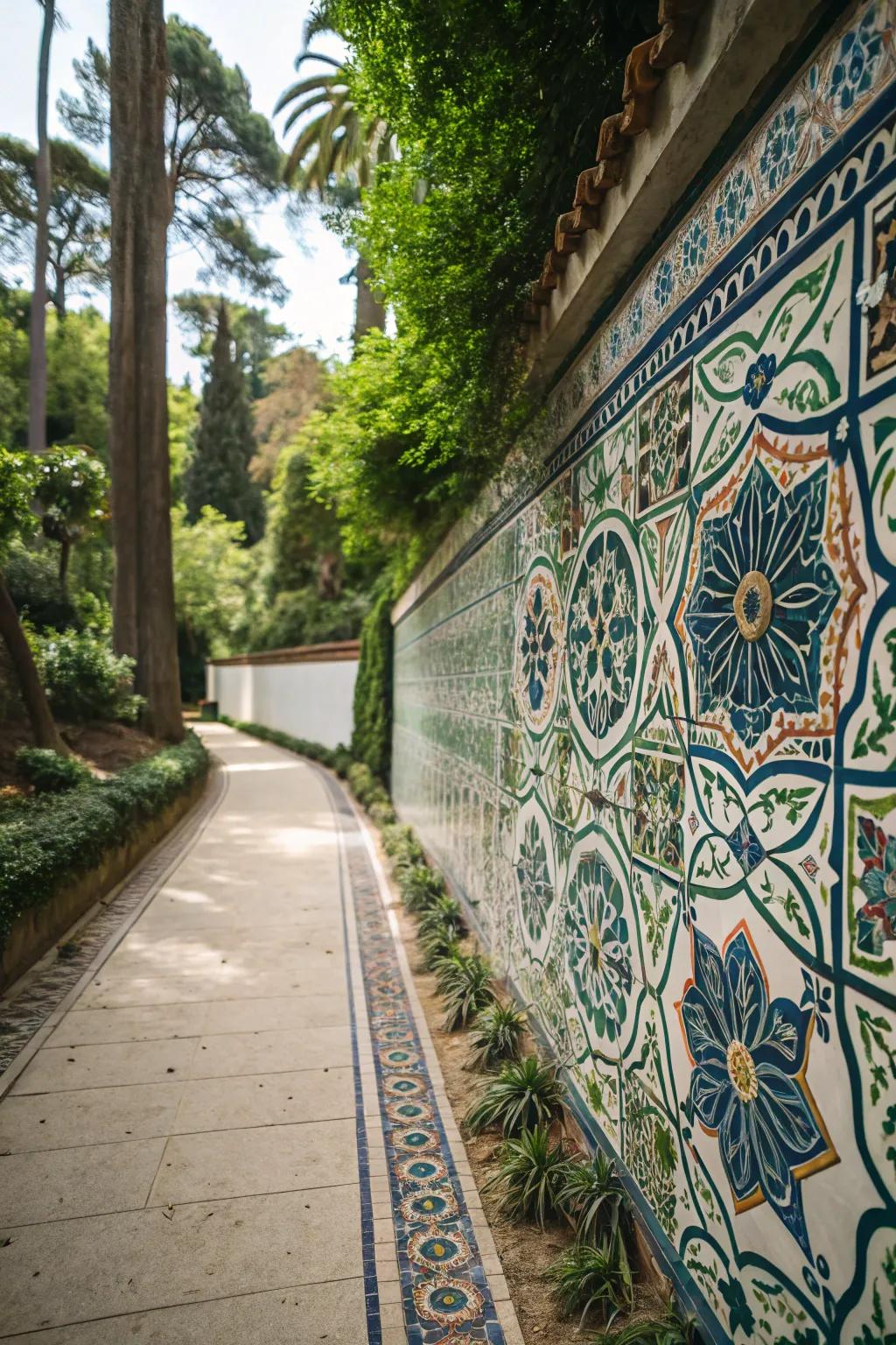 Colorful Mediterranean tiles add a vibrant touch to garden spaces.