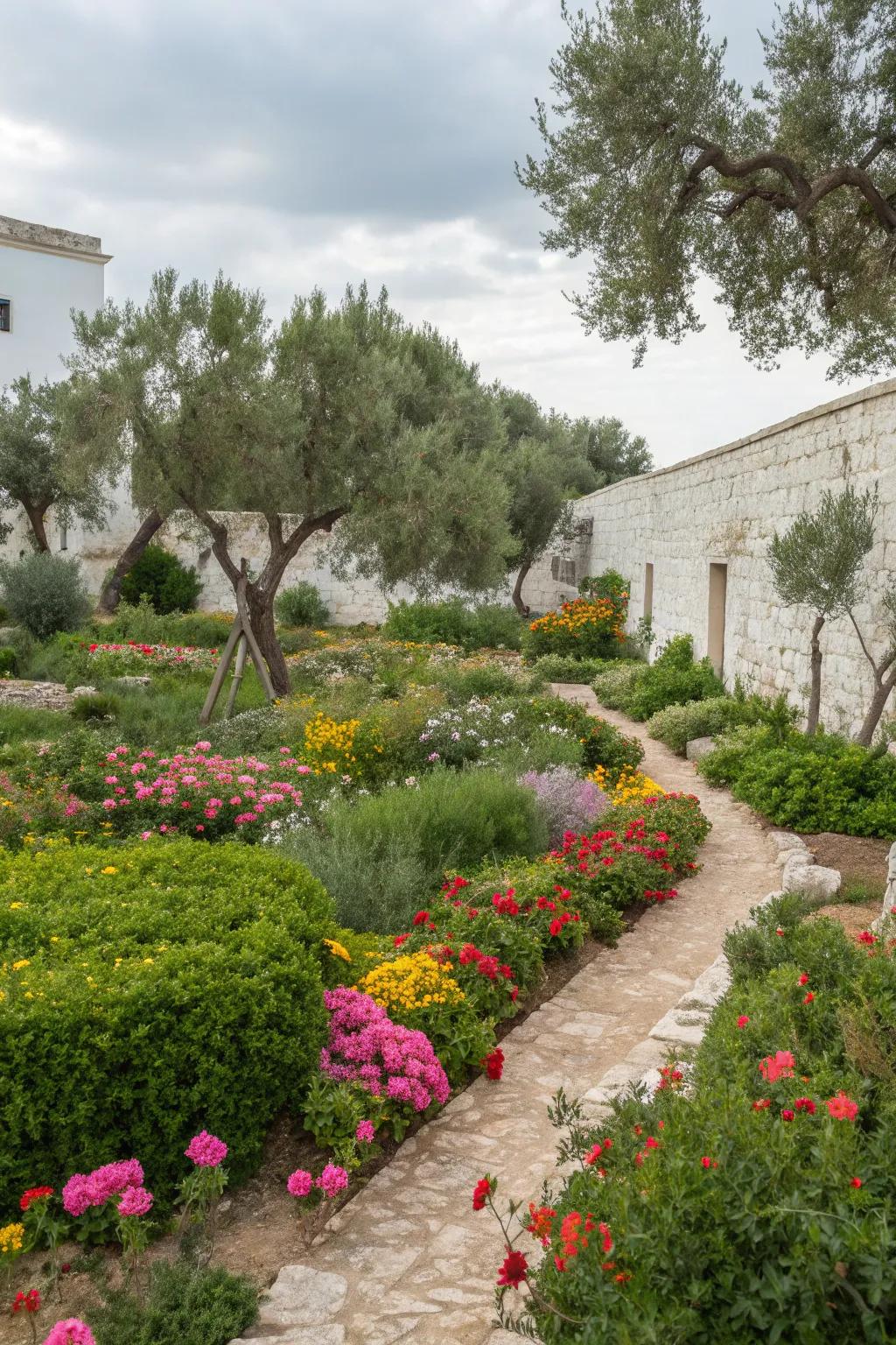 Vibrant flowers and greenery create a picturesque garden scene.
