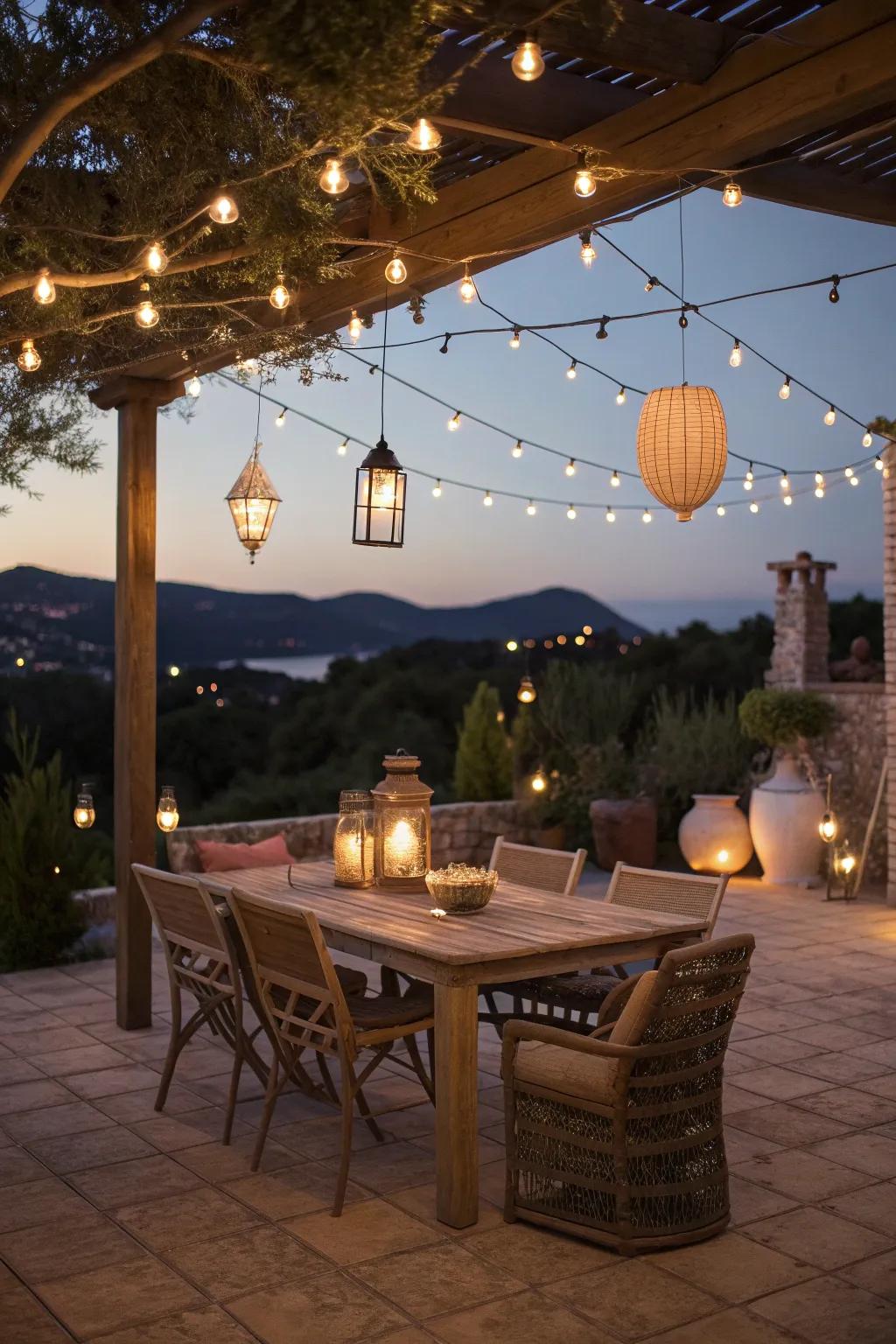 String lights create a warm, inviting atmosphere.
