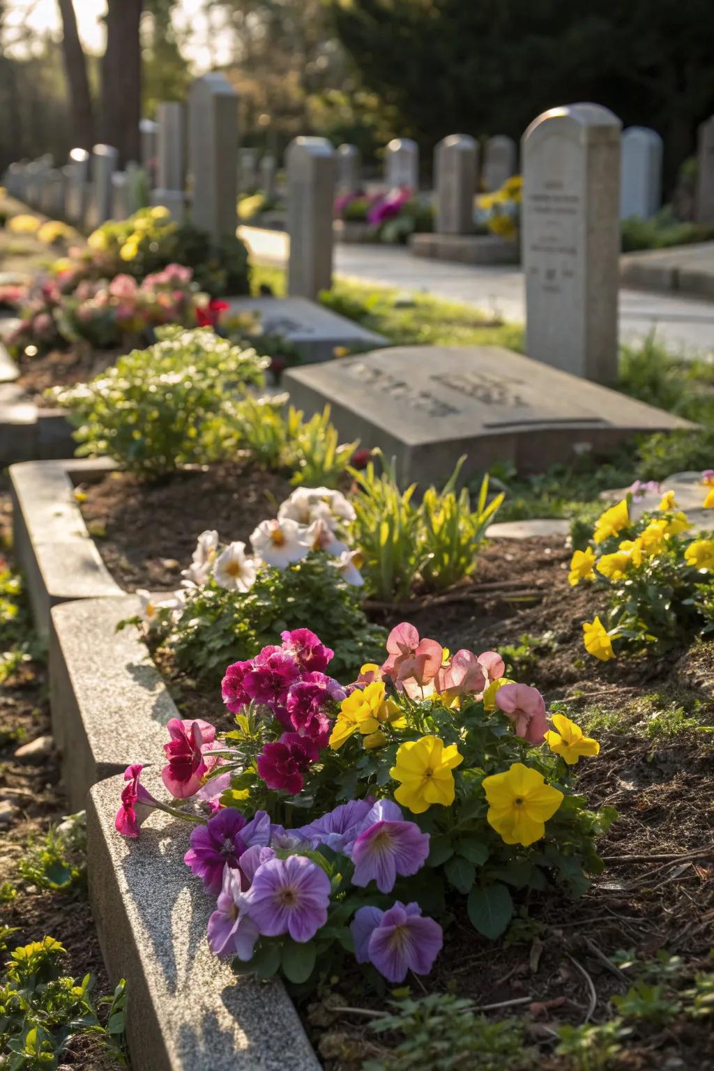 Flowers add vibrant life to the memorial garden.