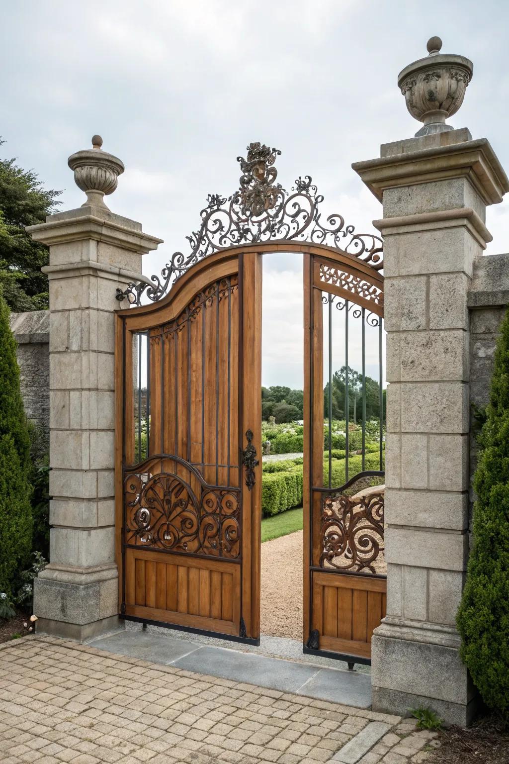 Stone and metal fusion creates a grand and stately entrance.