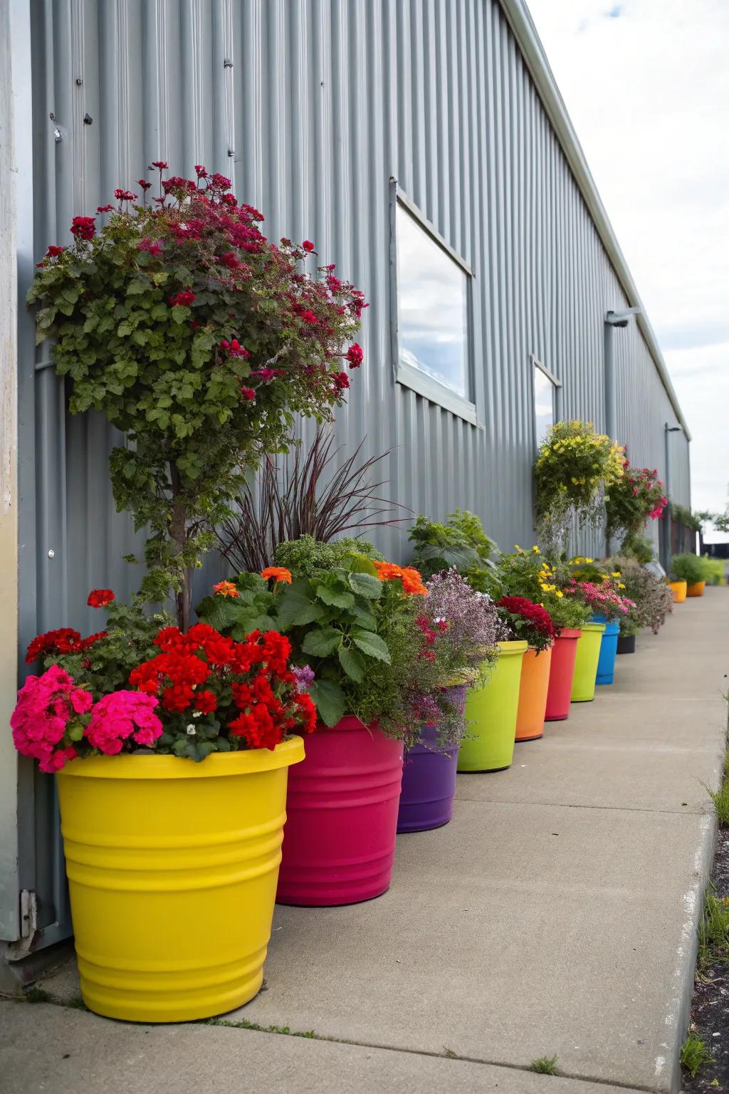 Colorful pots adding vibrancy to a metal building.
