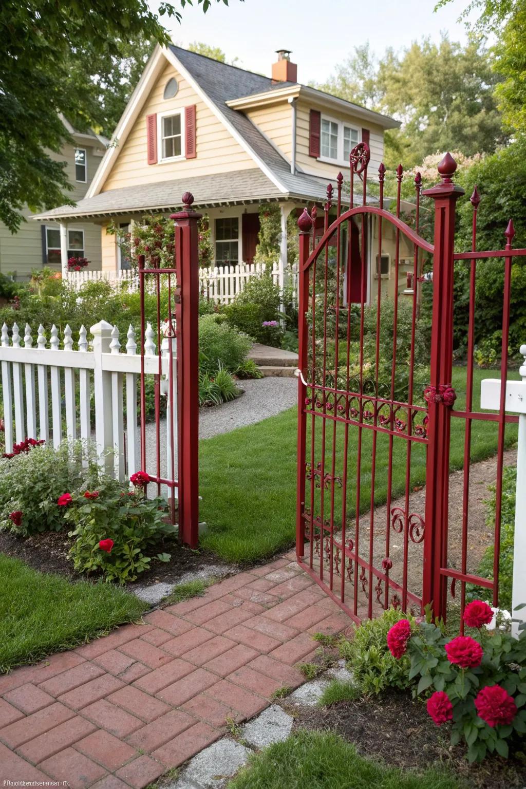 Vibrant red metal gate as a neighborhood showstopper.