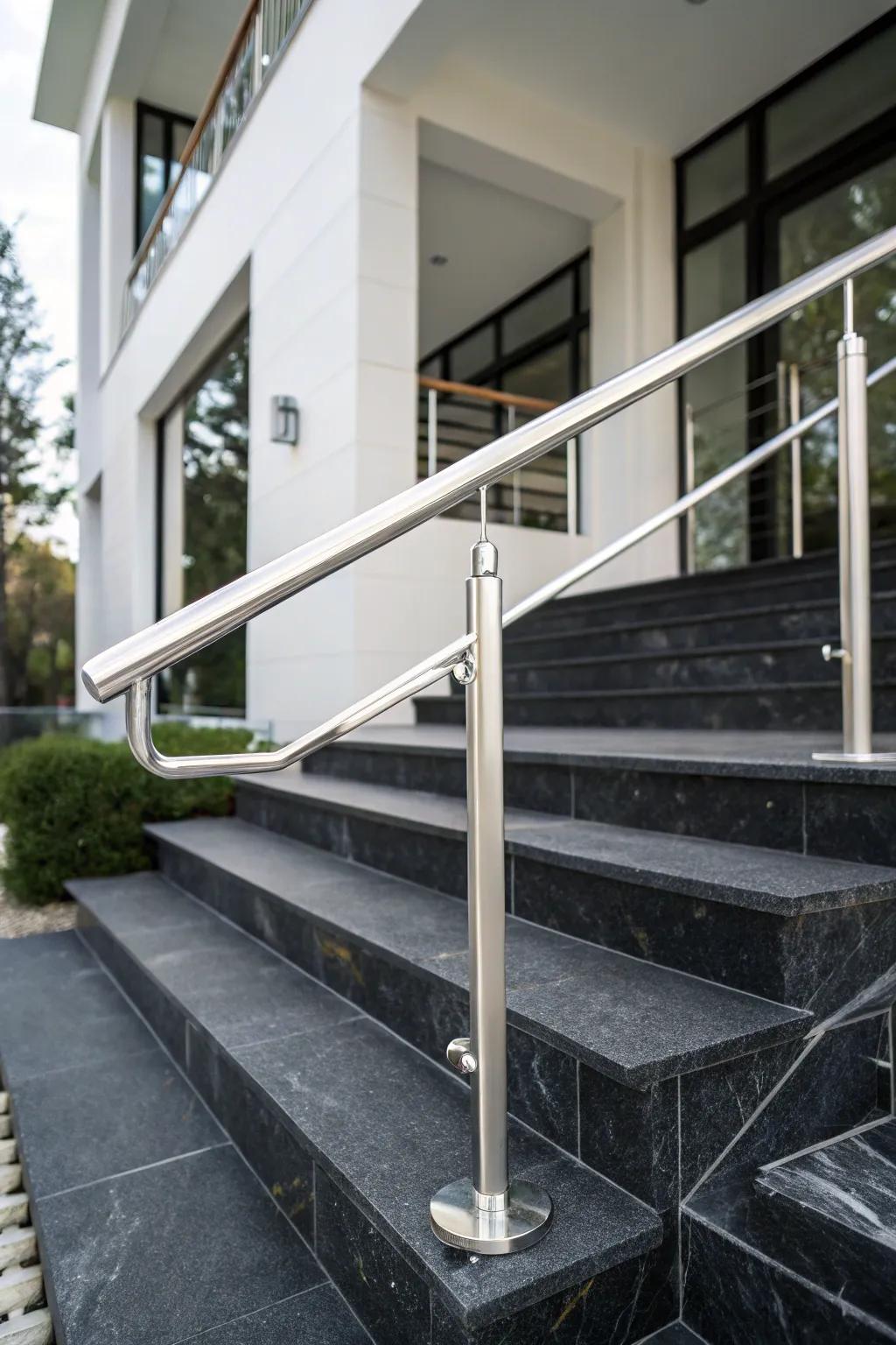 White metal handrails stand out beautifully against dark backgrounds.