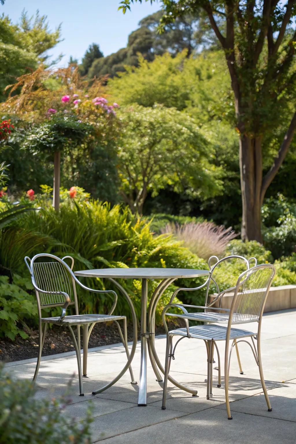 Durable and chic, metal patio furniture setting a modern tone on this patio.