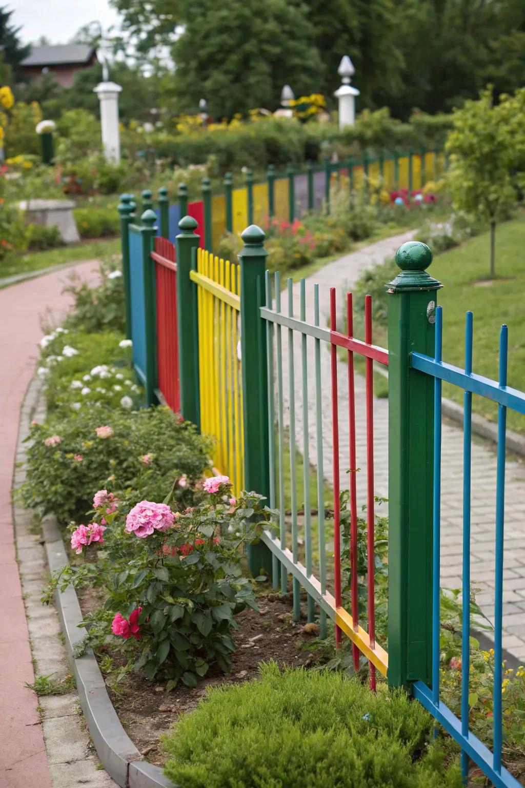 Lively garden with colorful metal panel fence and metal posts.