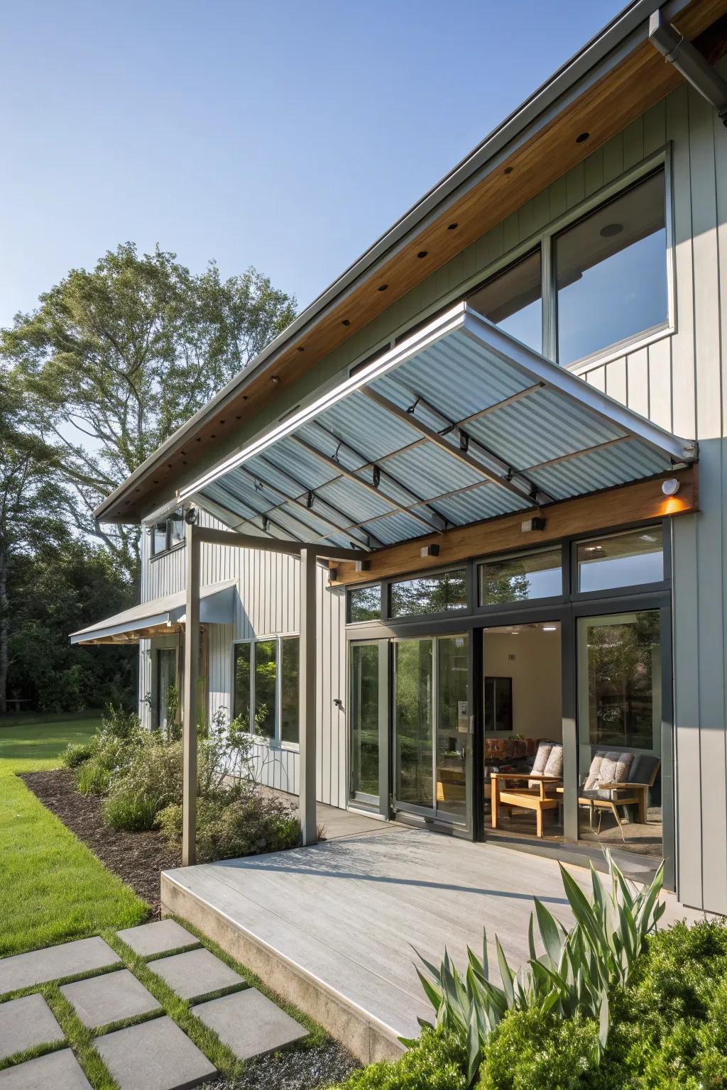 Recycled metal awning for an eco-friendly touch.