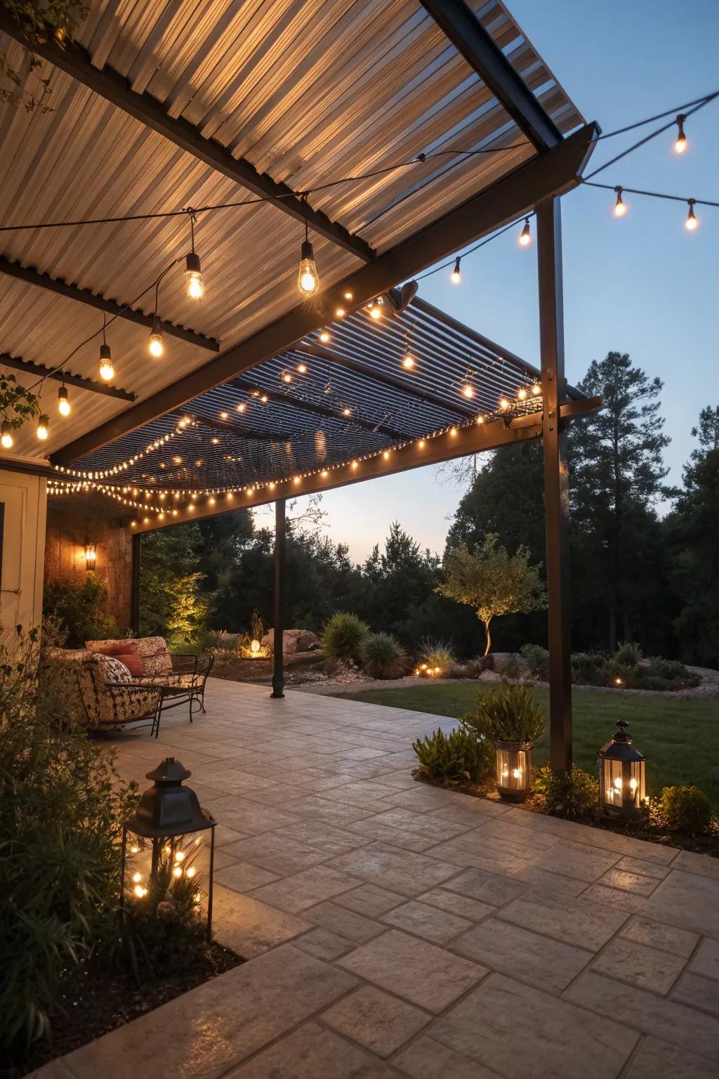 A beautifully illuminated patio that shines under a metal roof.