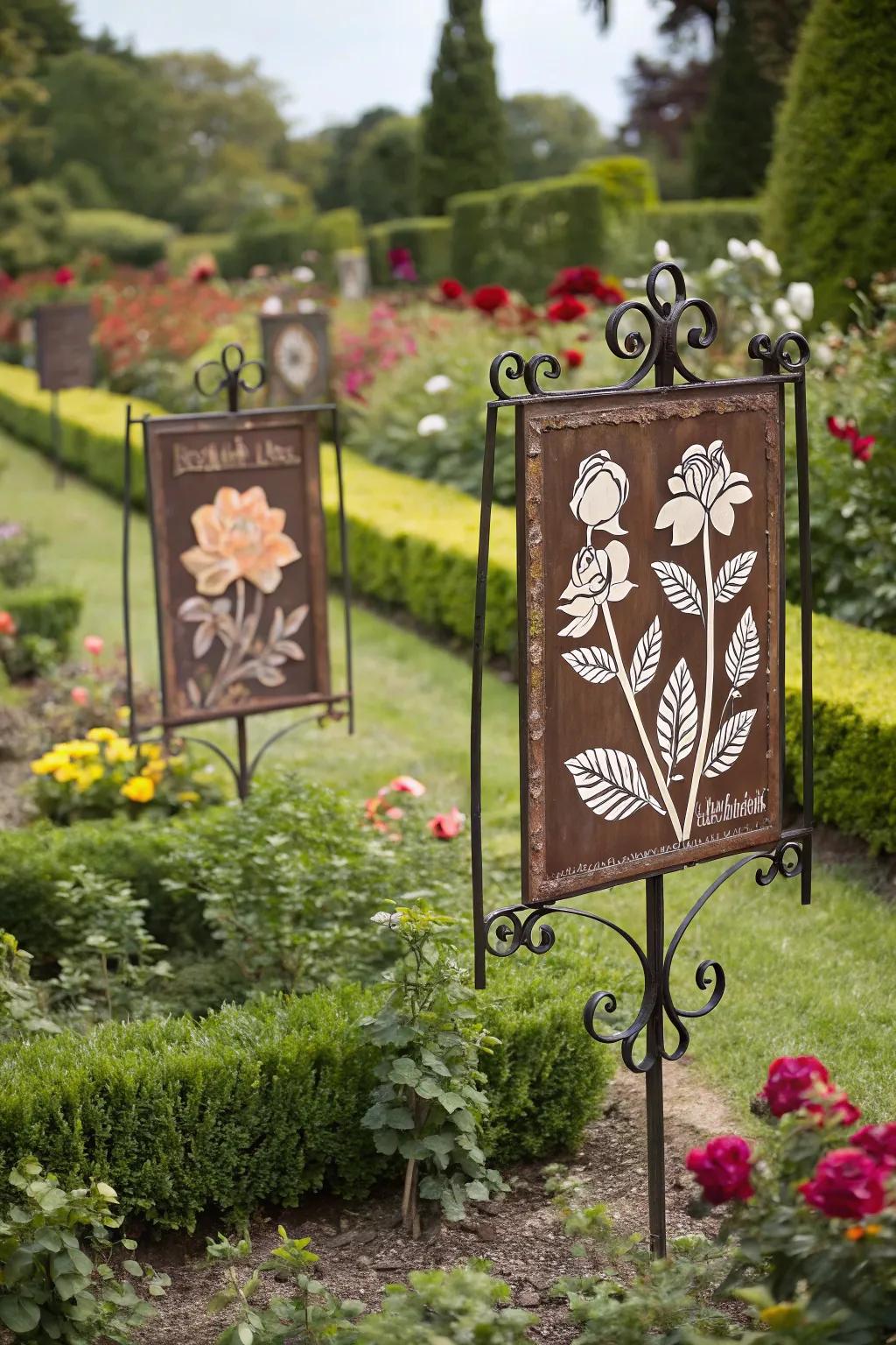Floral motif signs enhance garden aesthetics.
