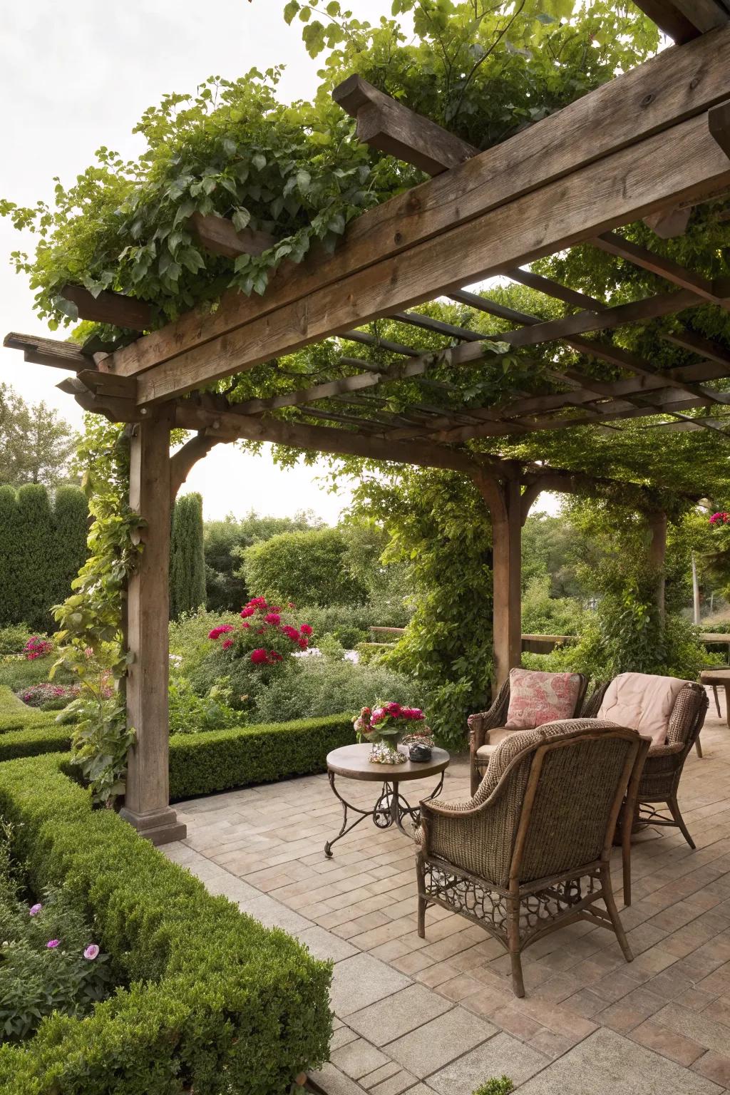 A pergola offers a stylish shaded retreat.
