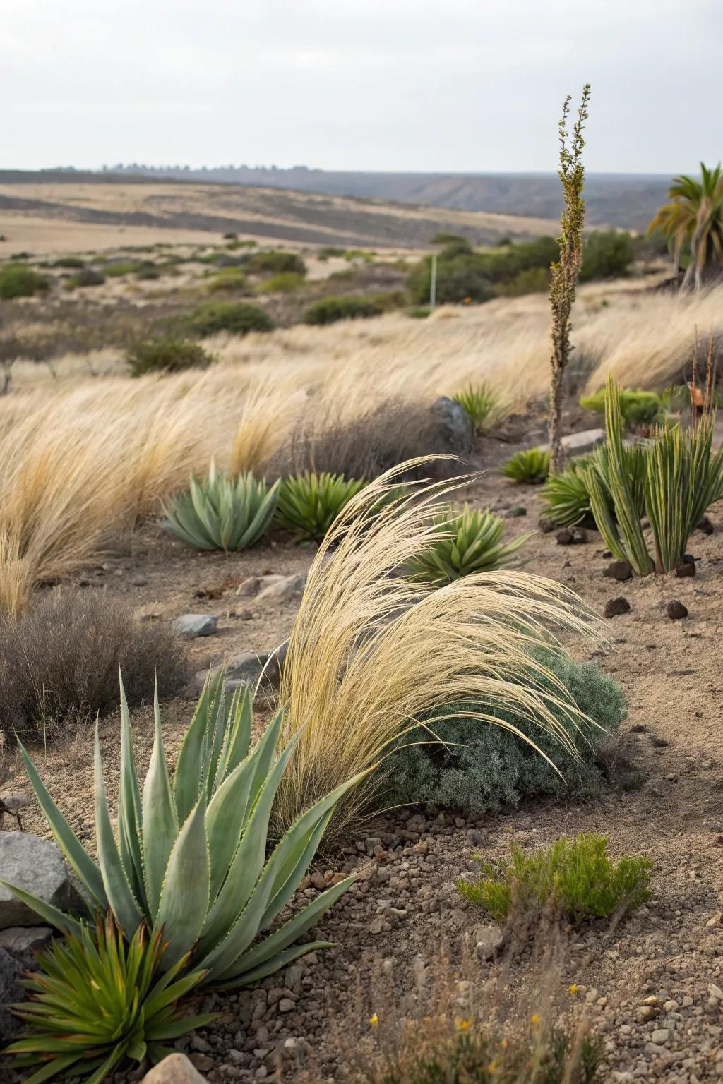 Succulents and Mexican feather grass: A textured, low-maintenance duo.