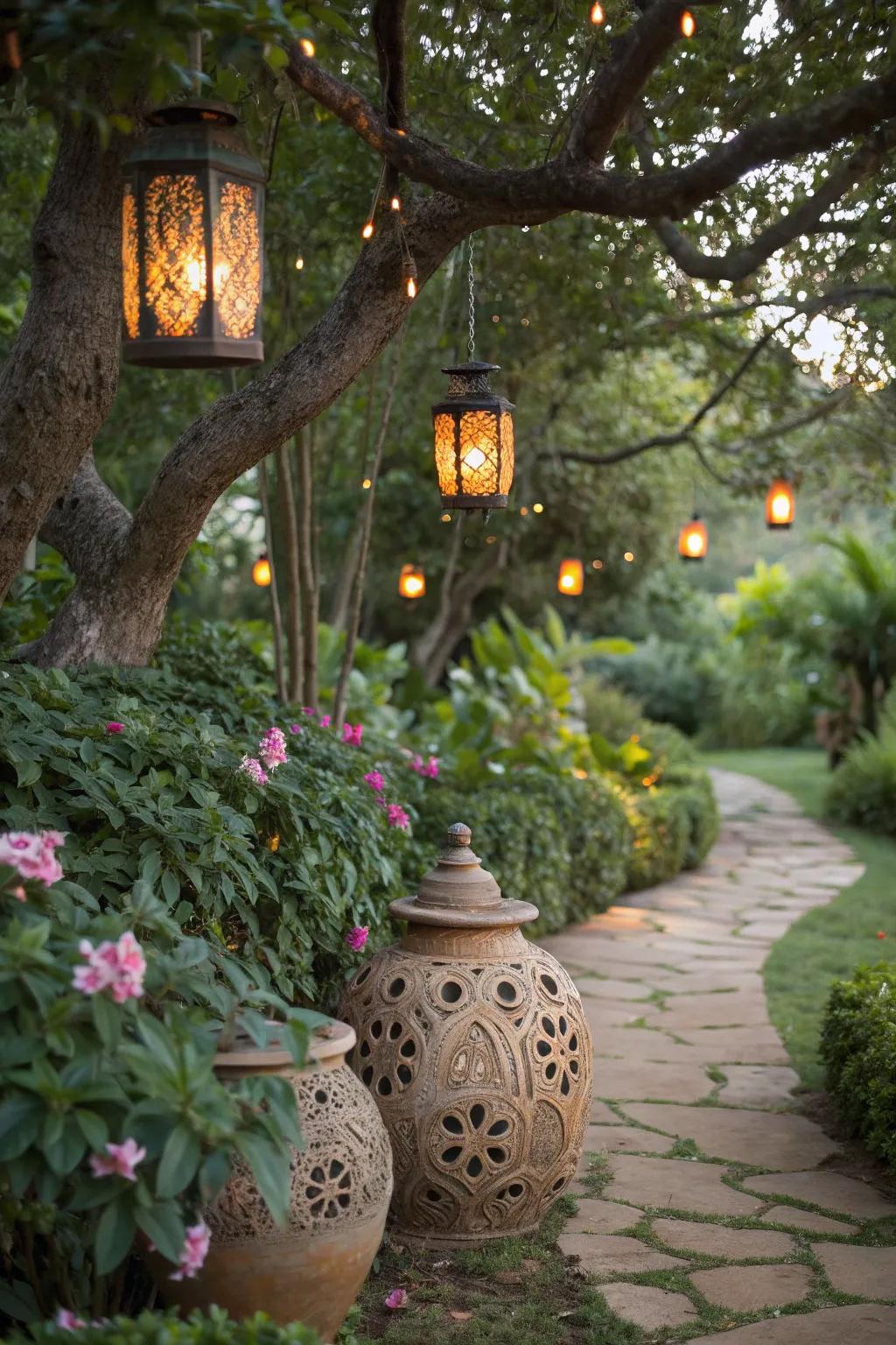 Artisan pottery and lanterns adding a unique charm to the garden.