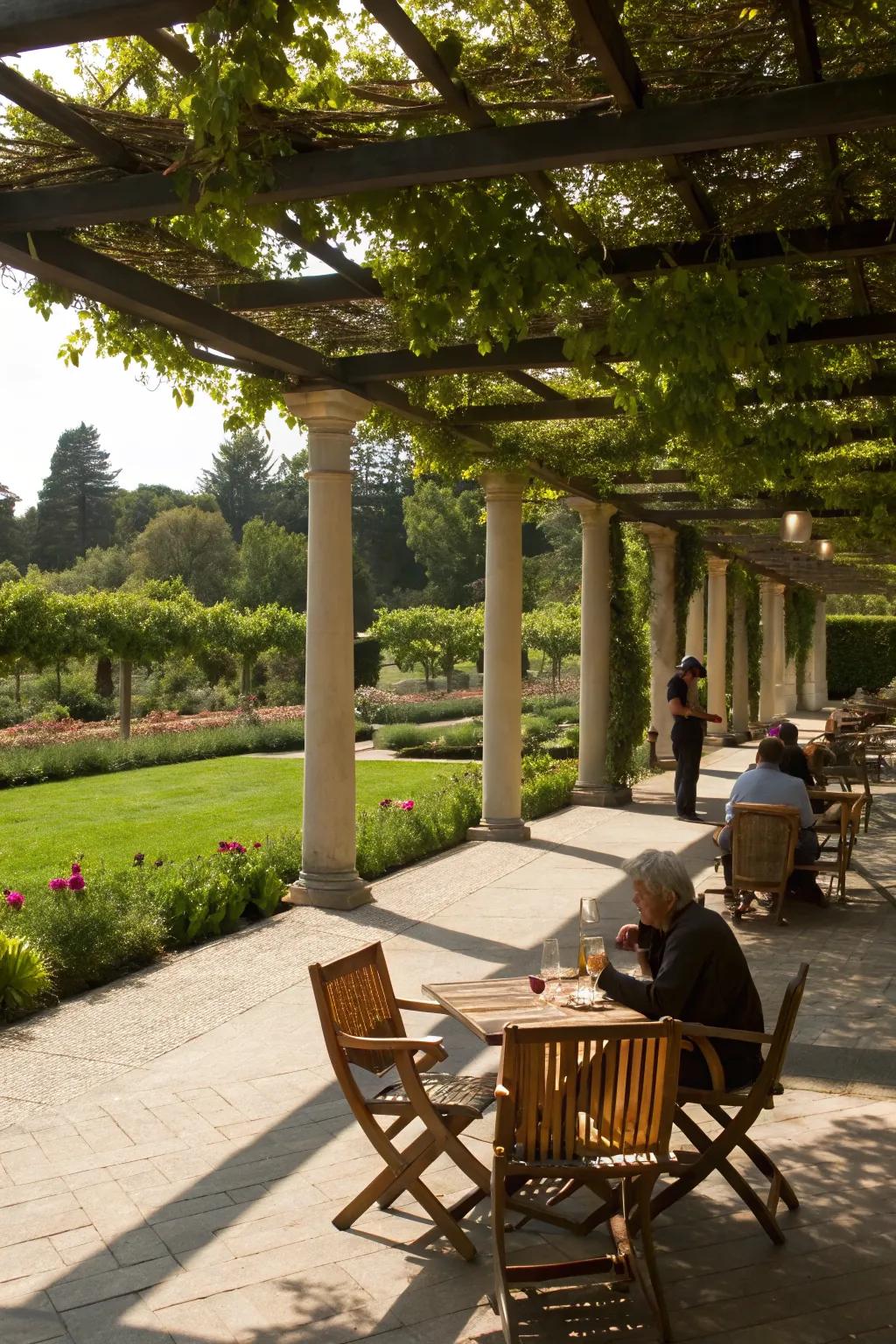 Pergolas create a shaded, inviting space for relaxation.