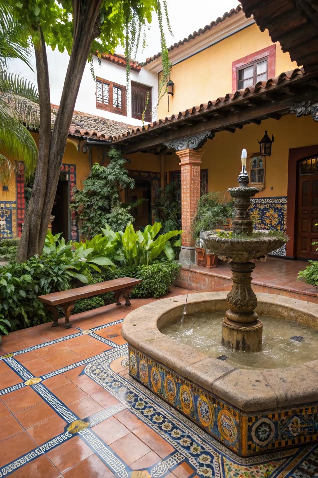 A Mexican patio featuring a small fountain water feature, adding tranquility.