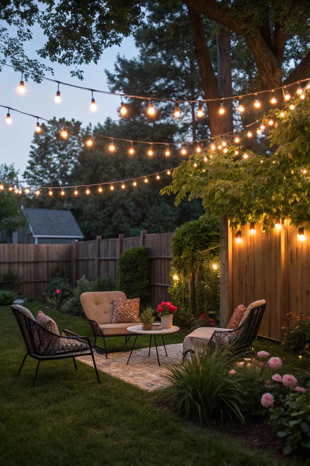 String lights create a magical and cozy ambiance for evening gatherings.