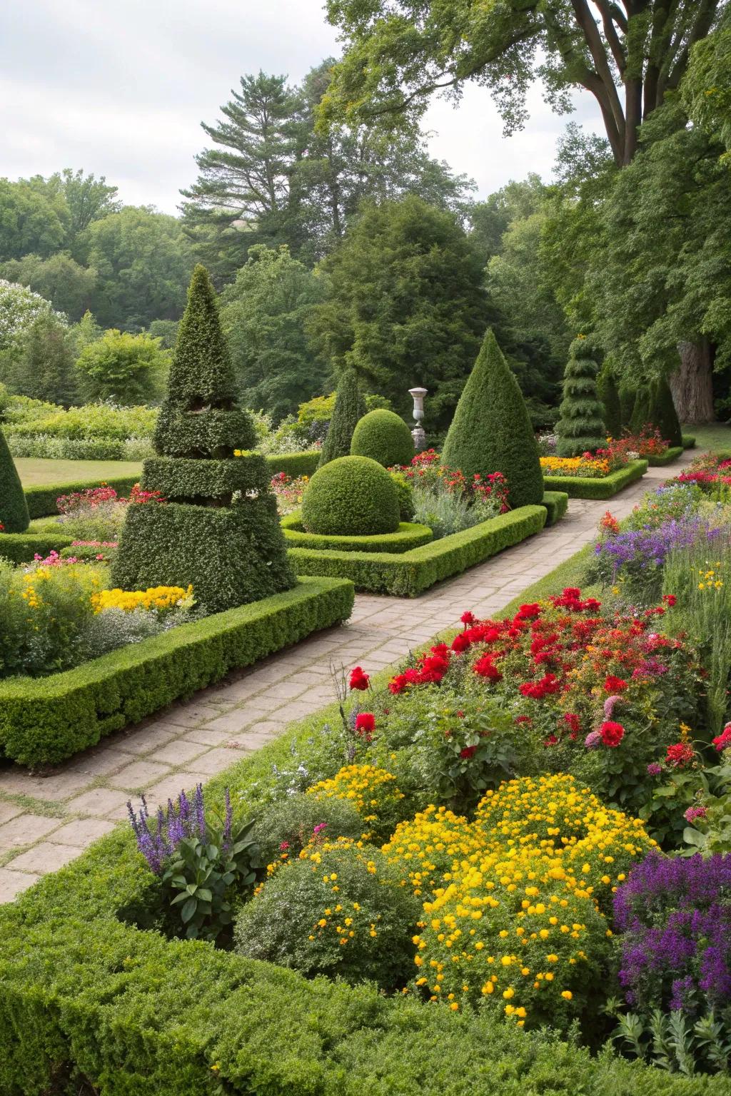 Artfully sculpted shrubbery adding structure to the garden.