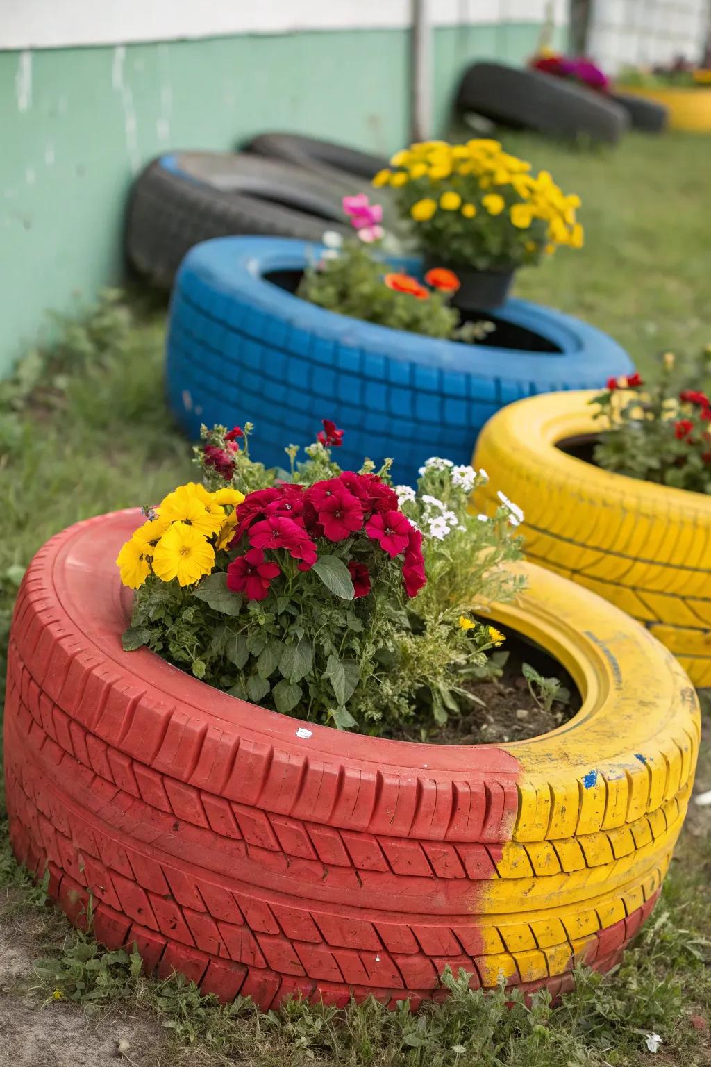 Recycled tires transformed into colorful and sustainable garden planters.