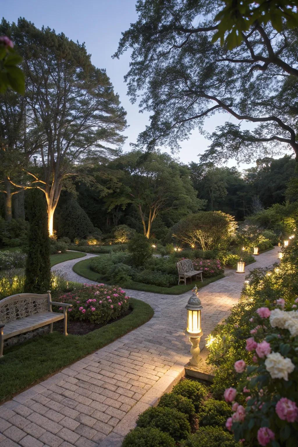 Strategic lighting enhances garden features and creates a welcoming atmosphere.