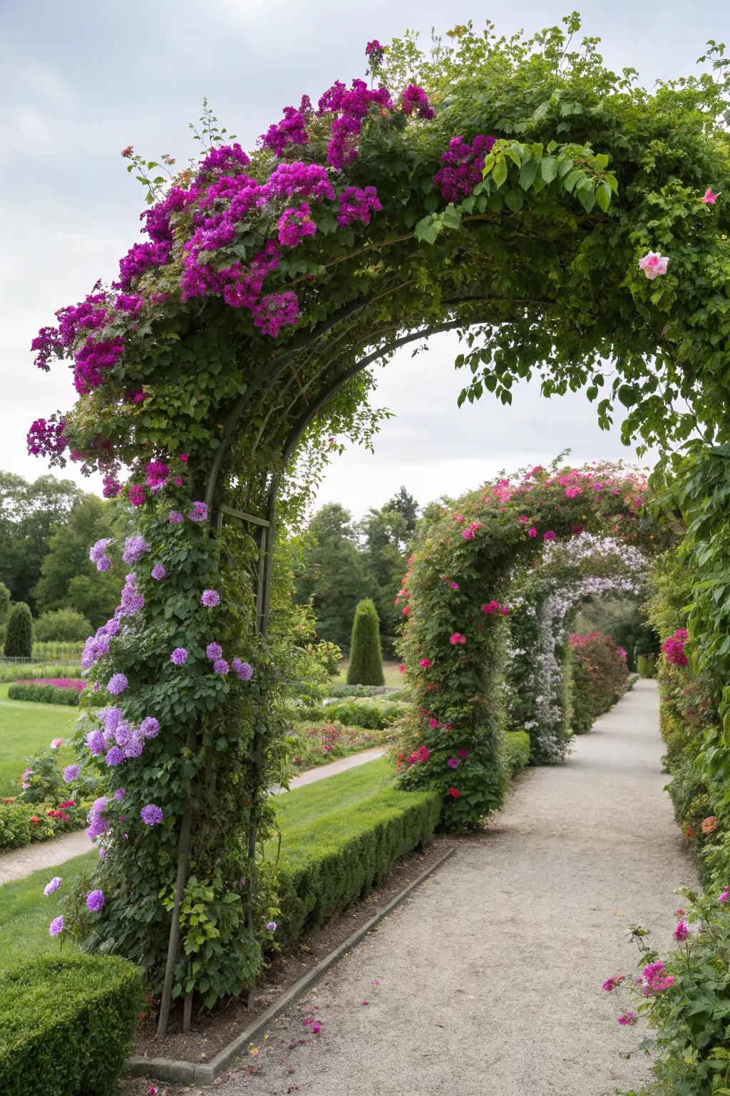 A garden arch frames a welcoming entryway.