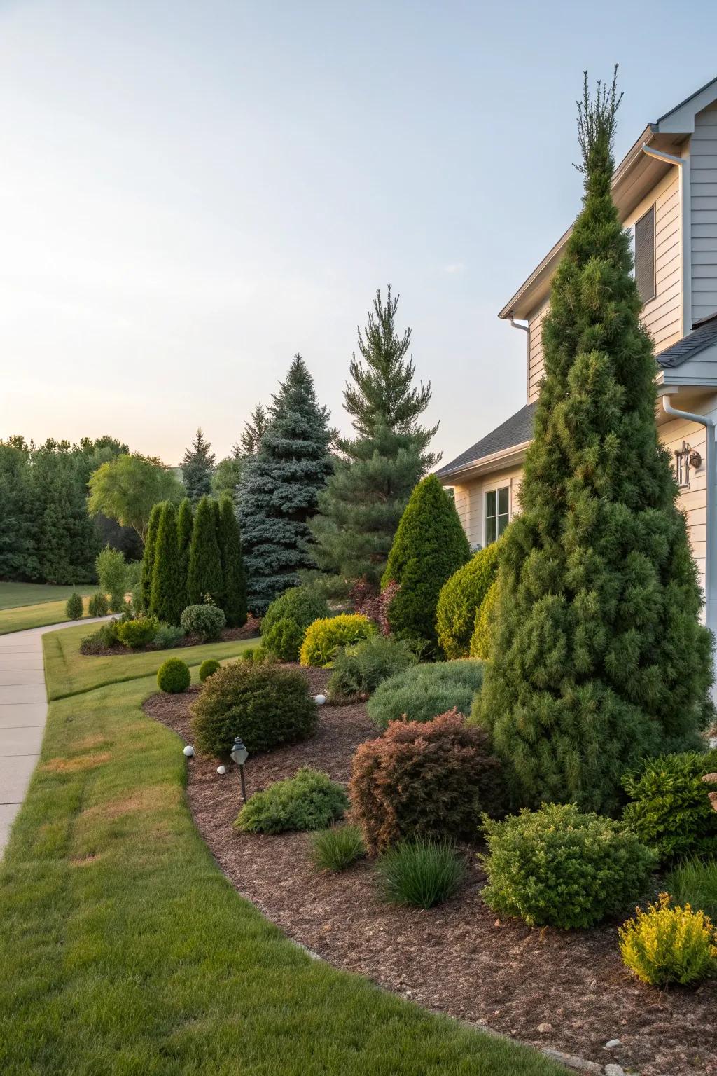 Evergreens offer year-round color and structure in this Midwest front yard.