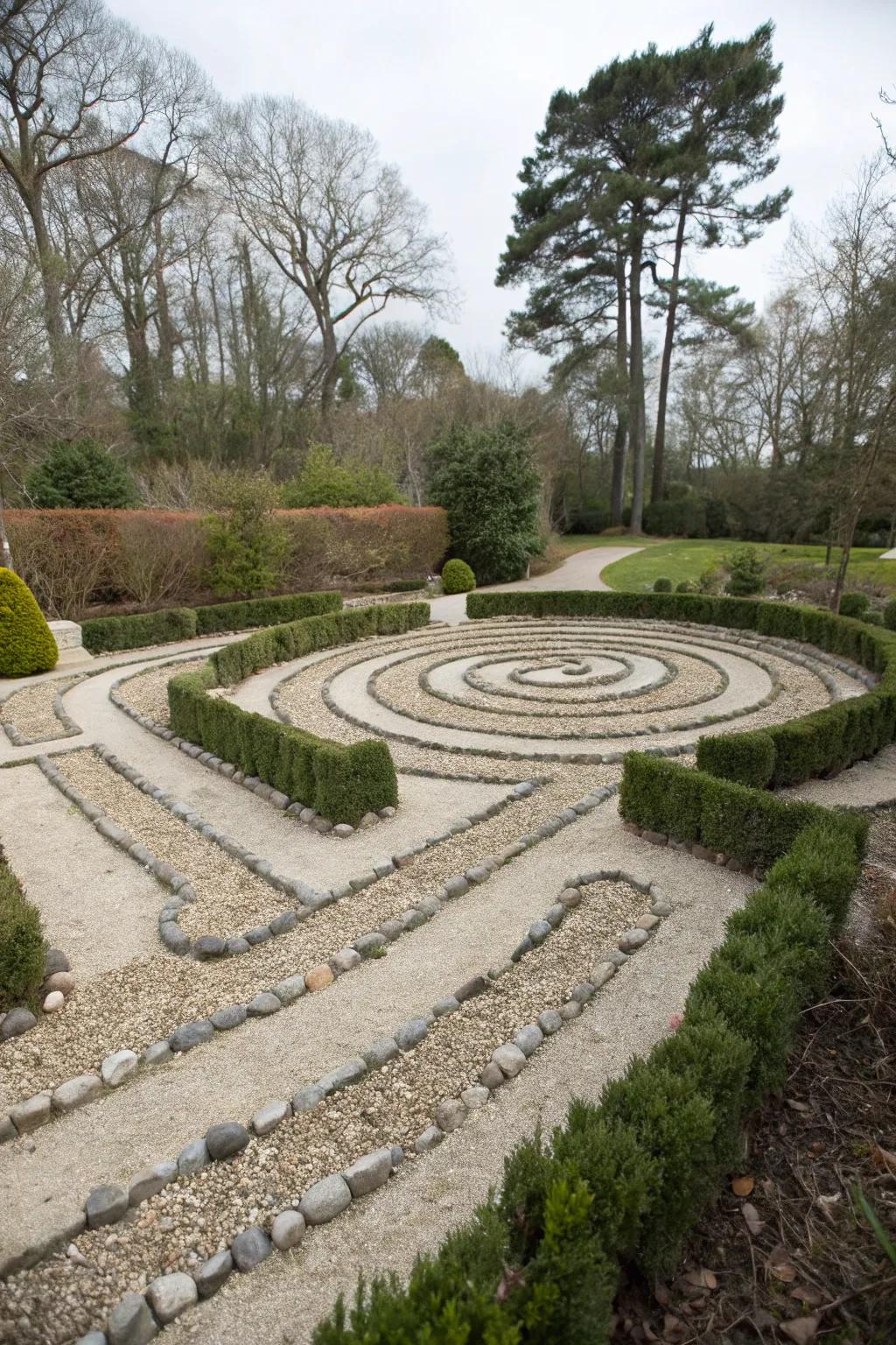 Pebbles outline the paths of this serene and minimalistic labyrinth.