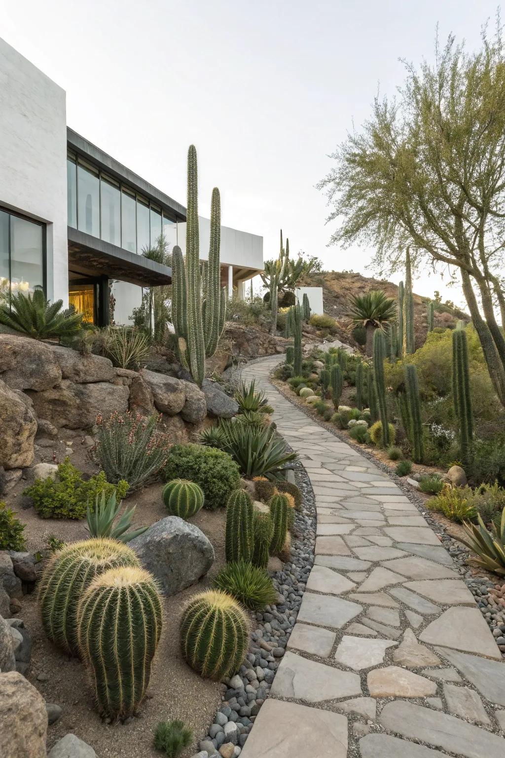 Architectural elegance meets natural beauty in a cactus garden.
