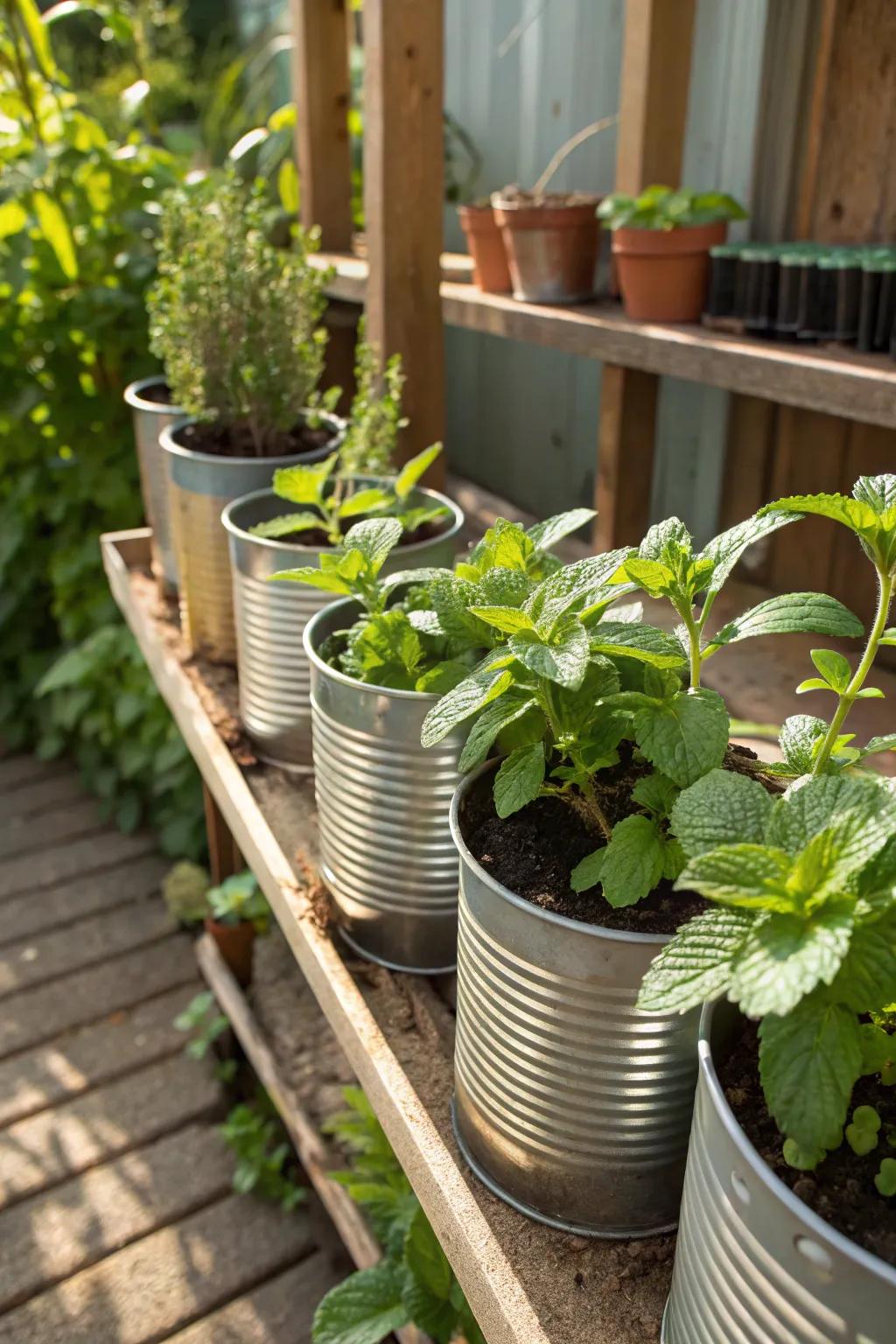 Recycled tins creatively repurposed as mint planters.