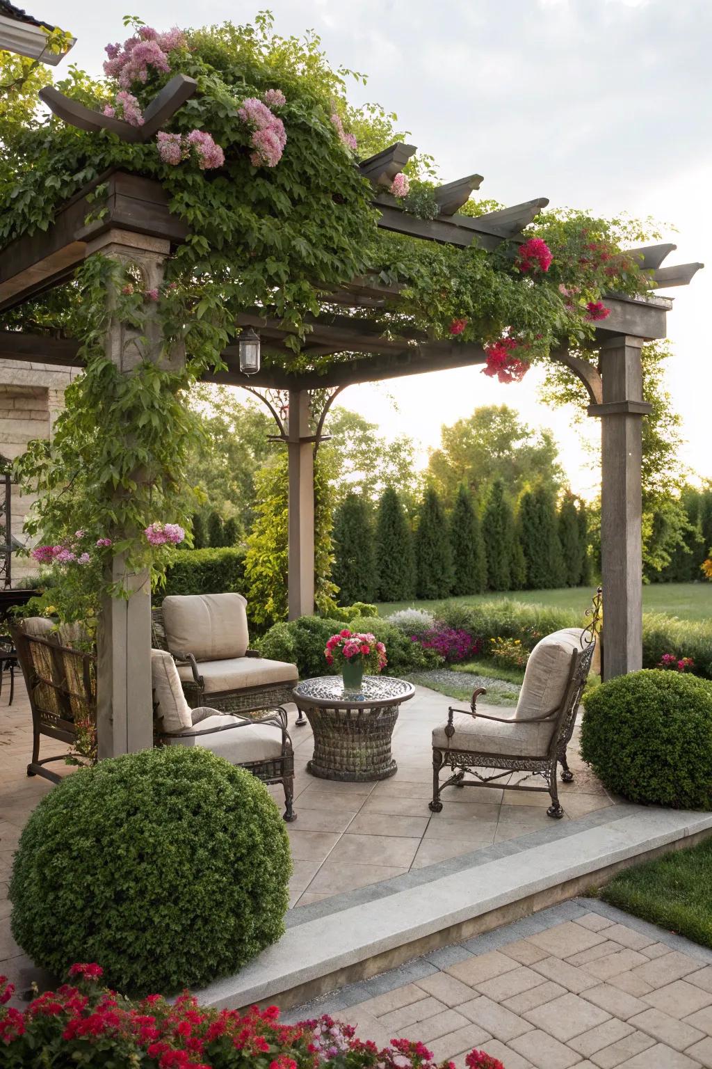 A pergola adds shade and architectural interest to the patio.