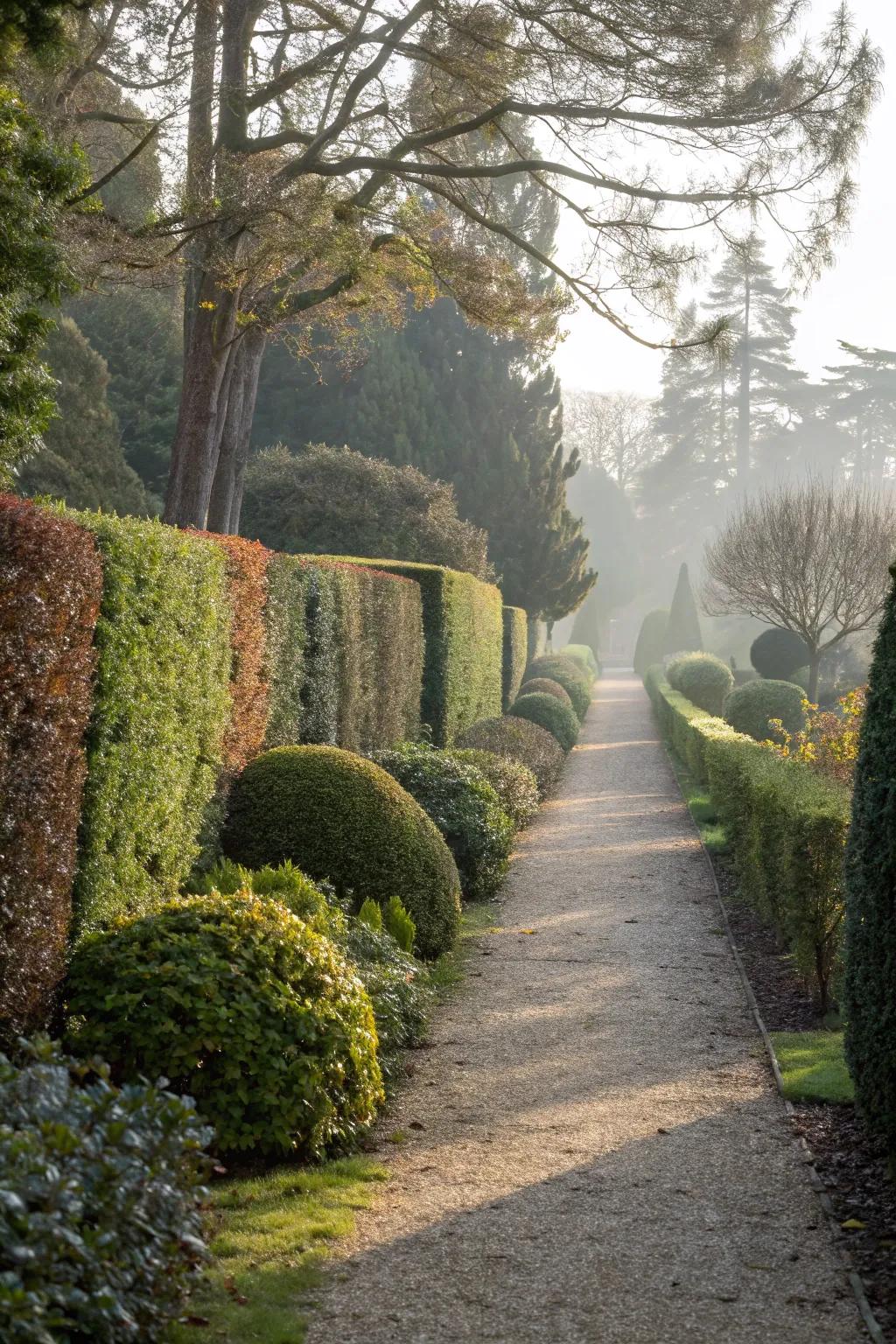 A mixed hedge lining a garden pathway.