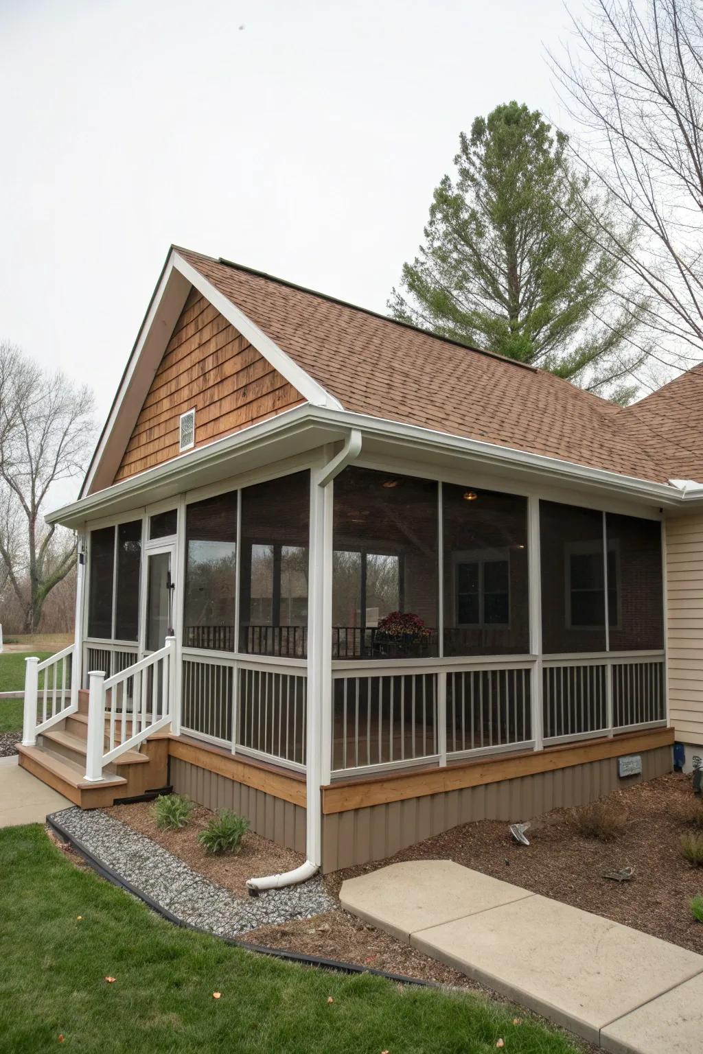 Distinctive roofing styles adding character to the porch.