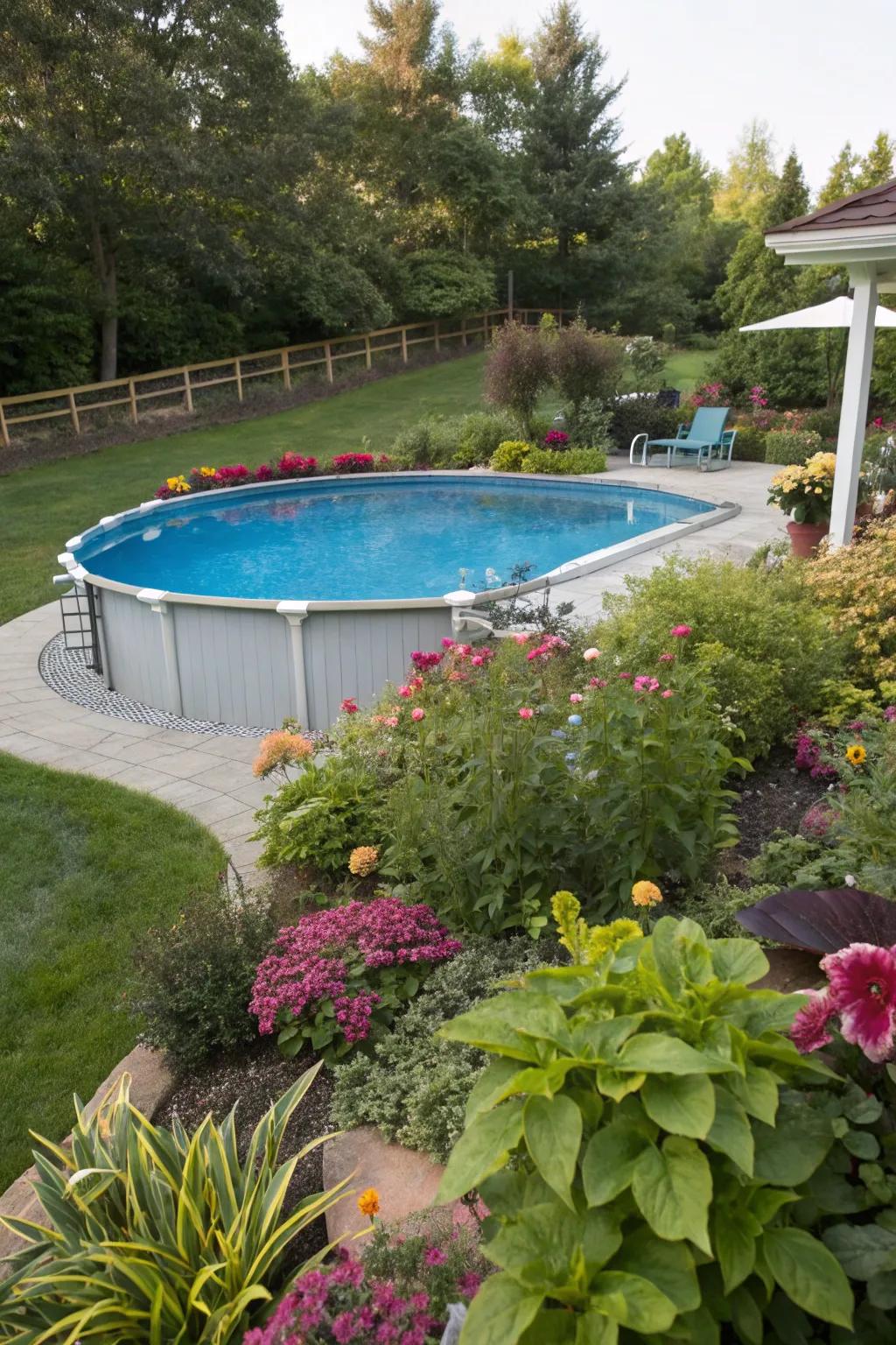 Lush landscaping with colorful plants creates a natural retreat around this above-ground pool.