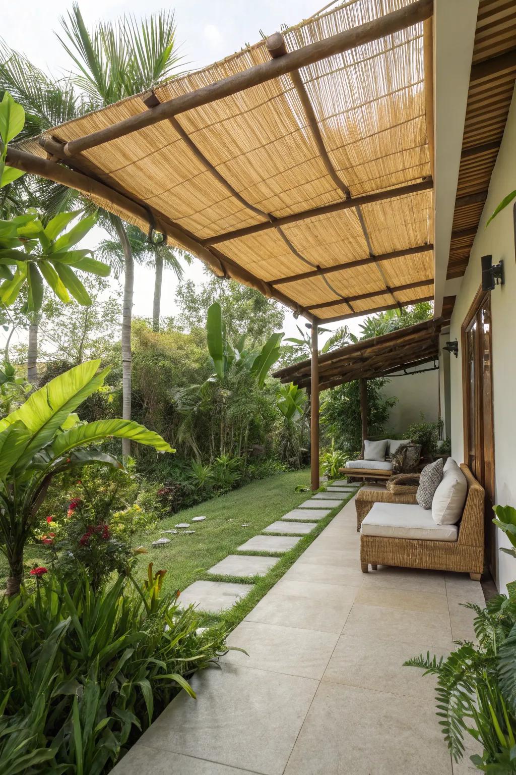 Bamboo awnings offer sustainable charm with excellent protection.