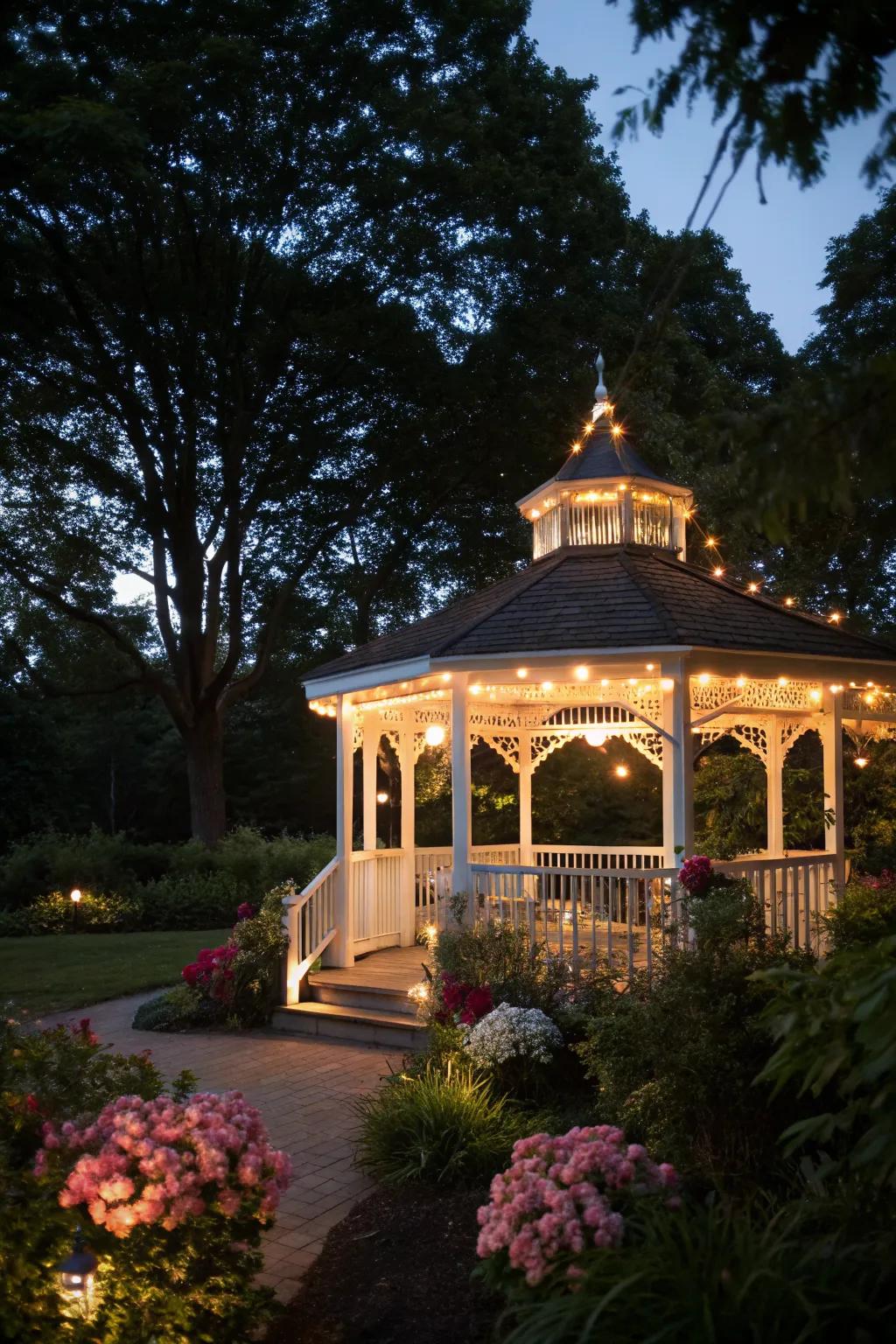 Ambient lighting transforms this gazebo into a nighttime haven.
