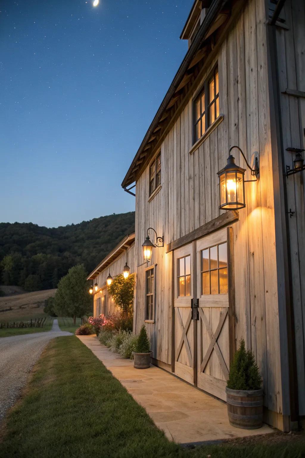 Rustic lighting enhances the charm and ambiance of the barn house exterior.