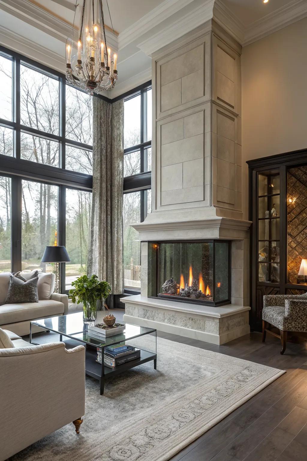 Elegant glass-enclosed fireplace in a stylish living room.