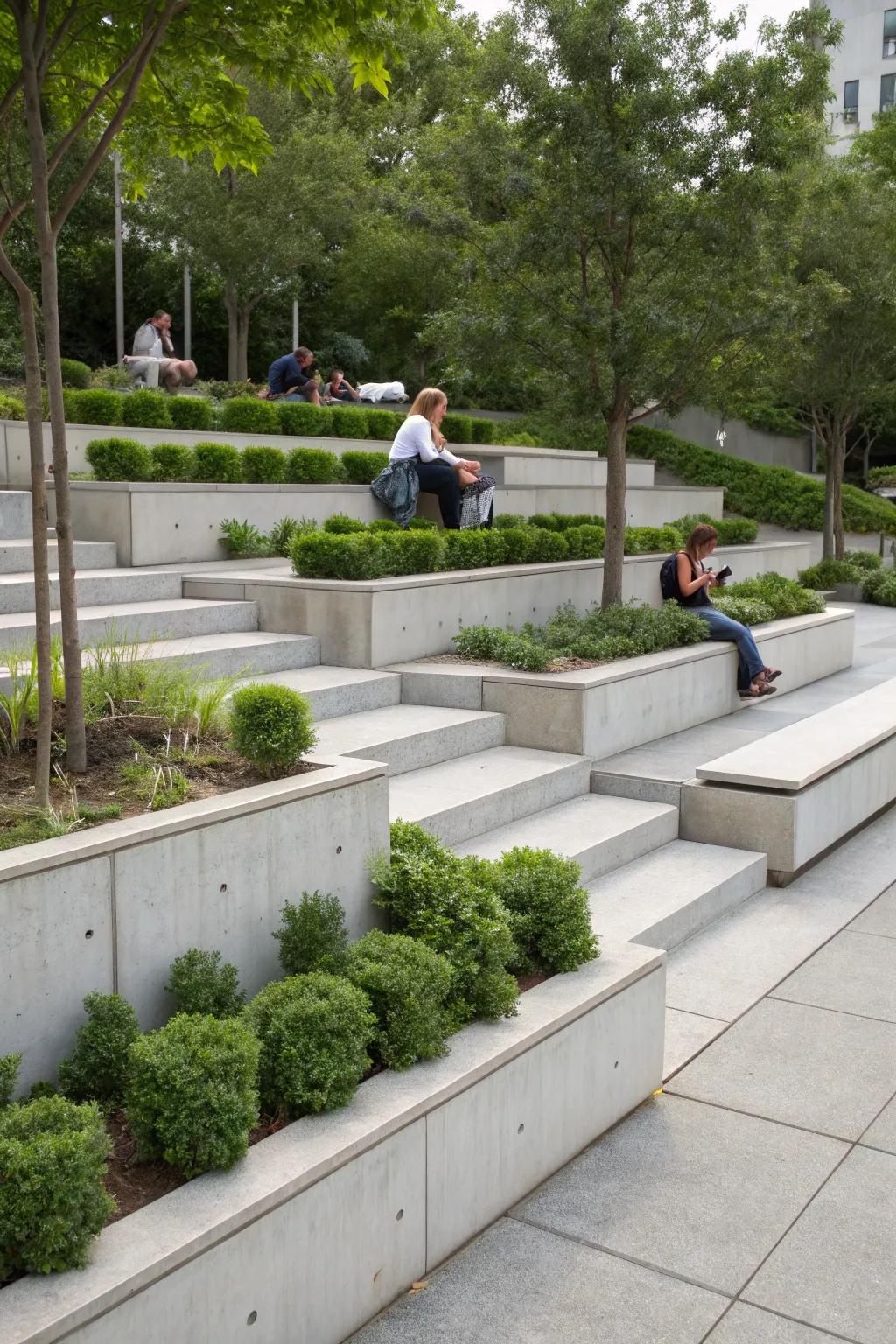 Functional concrete steps with built-in seating and planters.