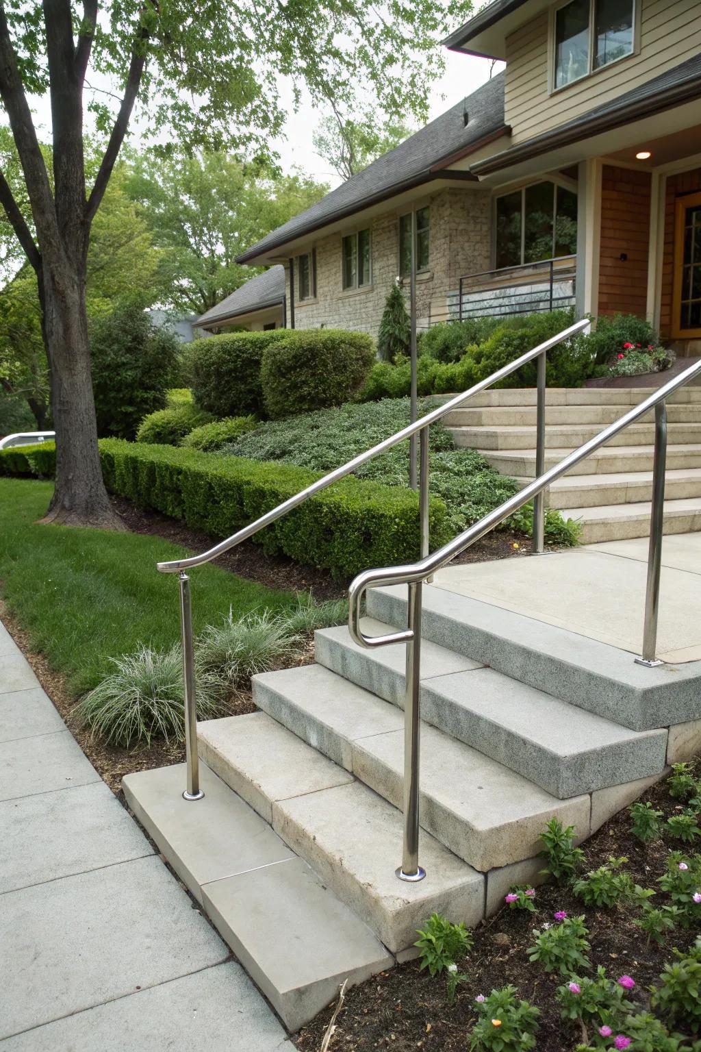 Modern metal railings paired with concrete steps.