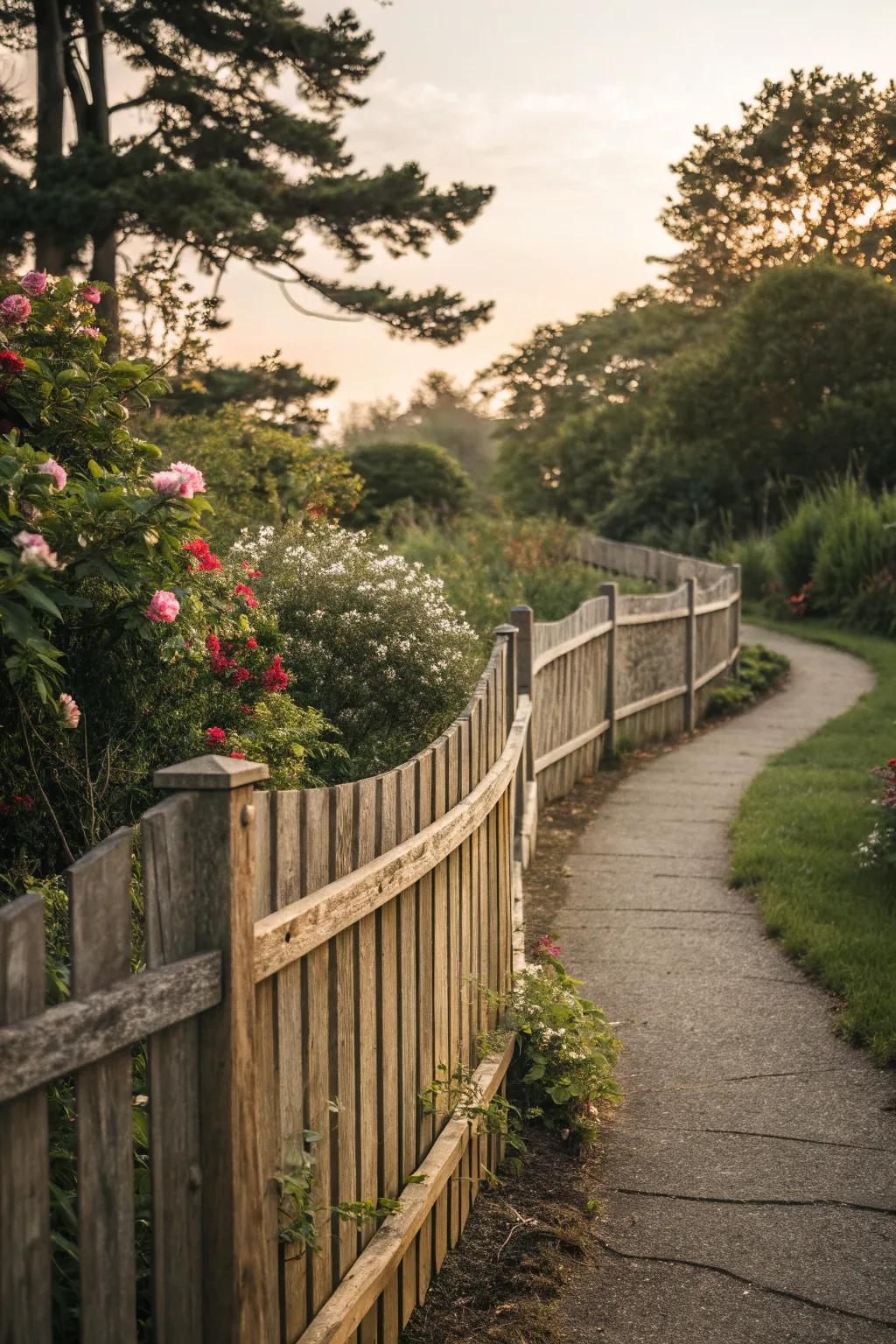 A curved fence in earthy tones, perfectly blending with the garden's natural beauty.