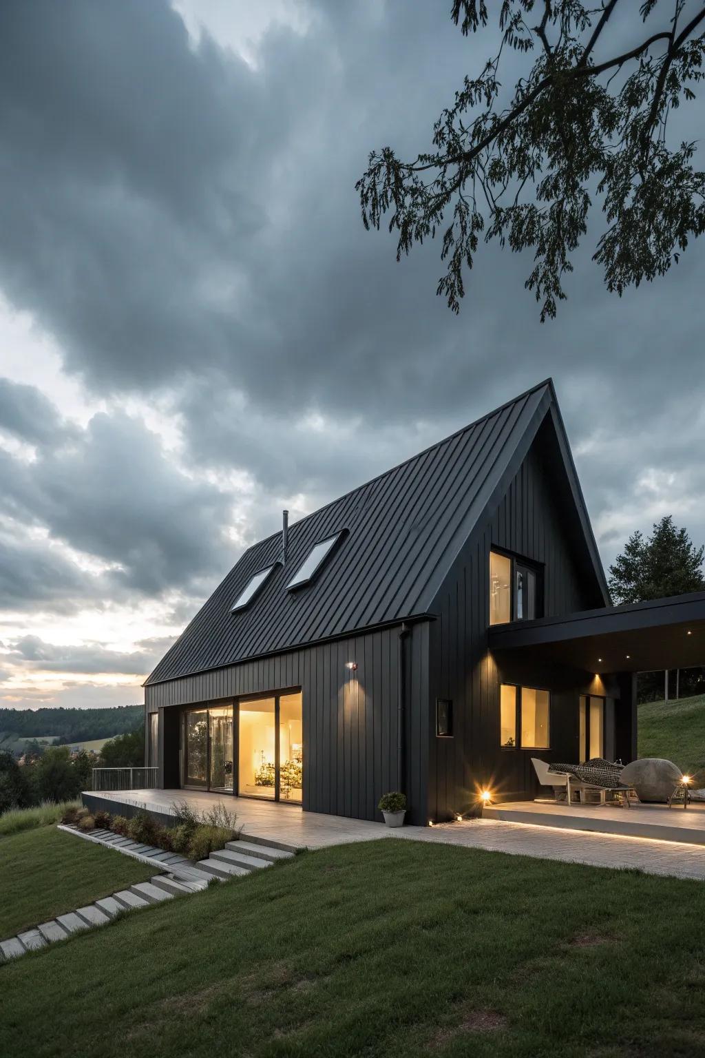 A dark home exterior featuring a creatively designed roofline.