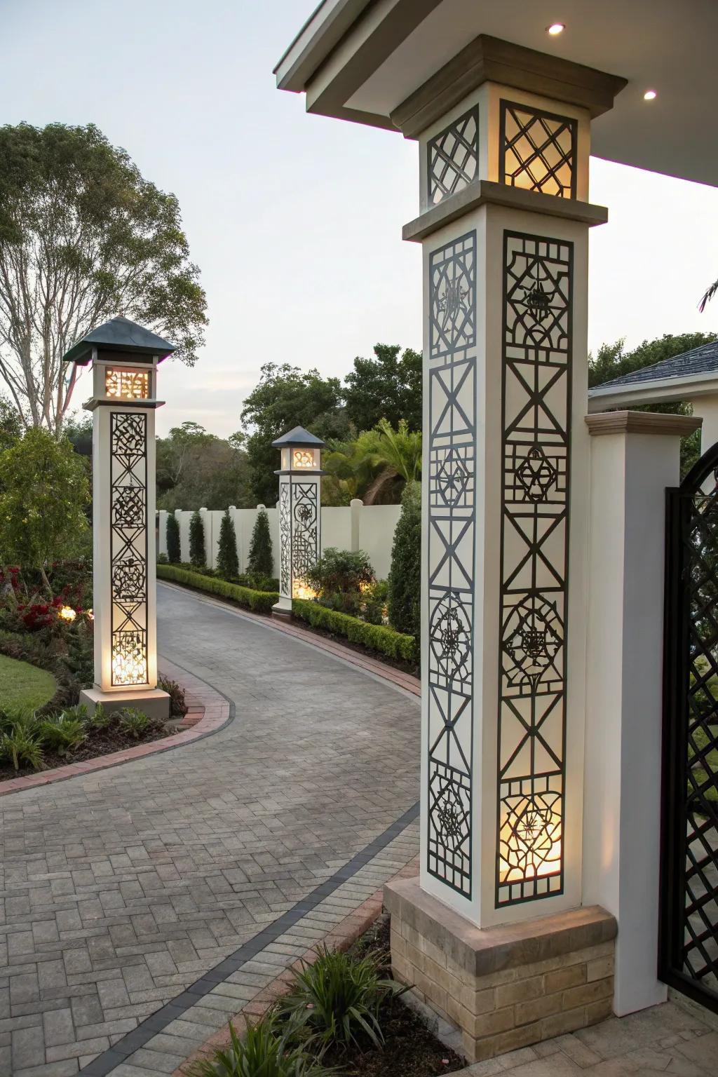 Geometric patterns add a modern twist to driveway pillars.
