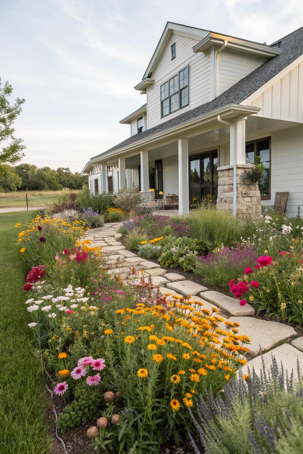 A wildflower patch adds vibrant color and natural beauty.