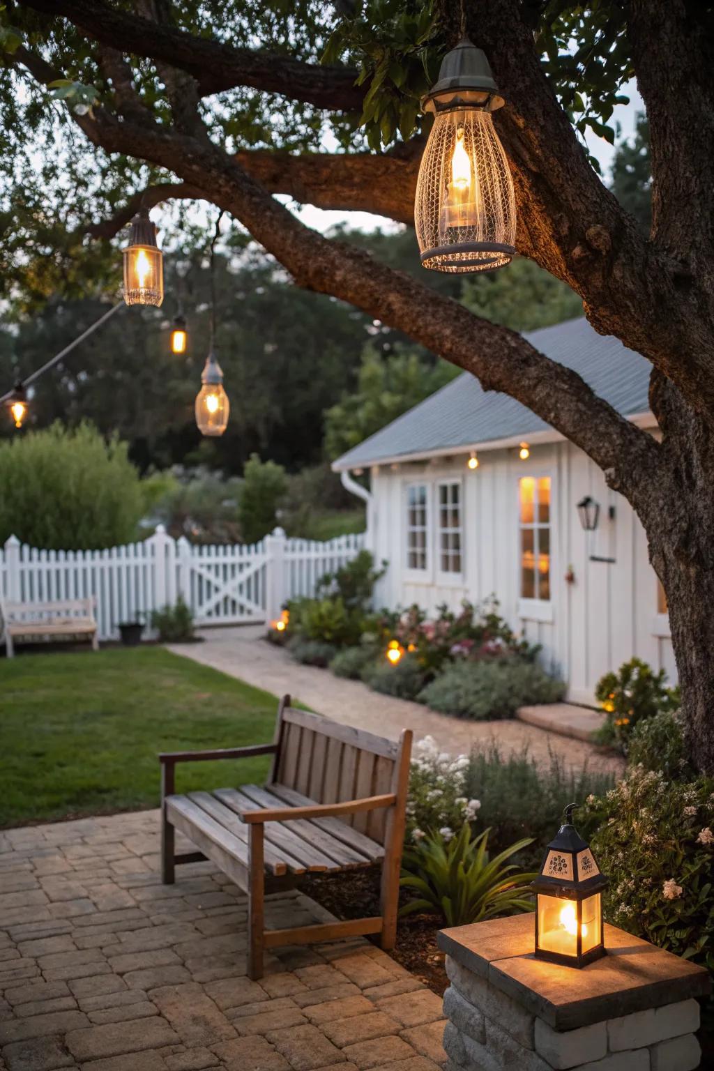 Warm light bulbs create a soft, inviting glow in this outdoor space.