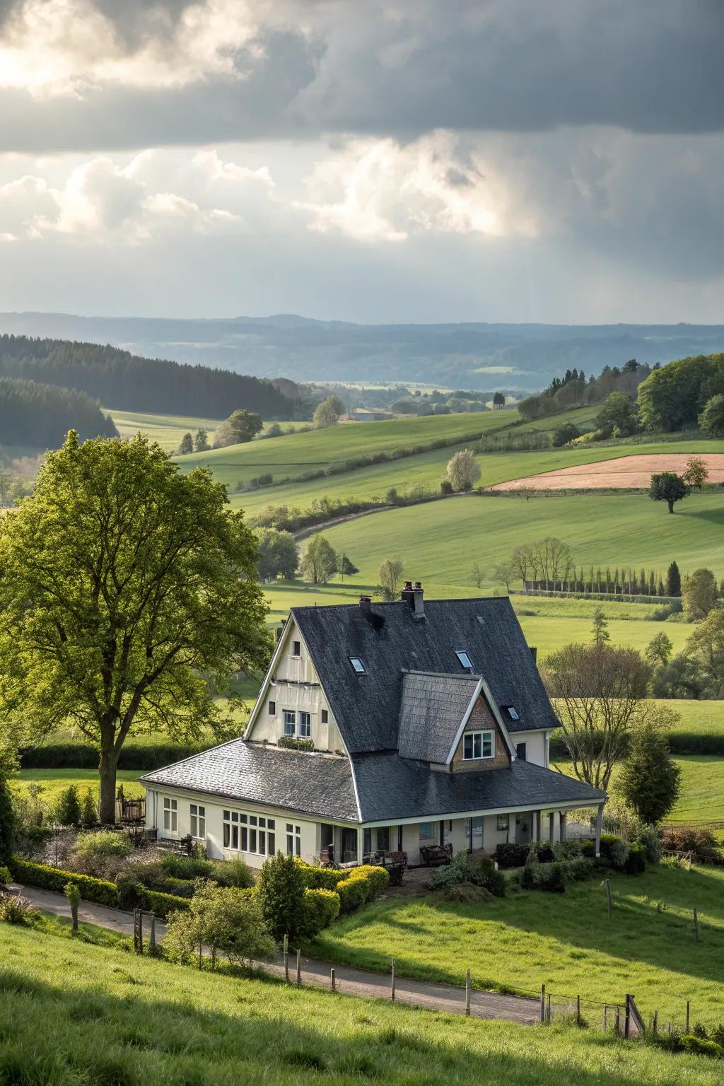 Elegant gabled rooflines defining the farmhouse style.