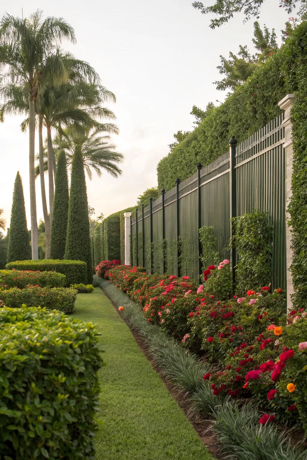 Privacy hedges create a secluded garden retreat.