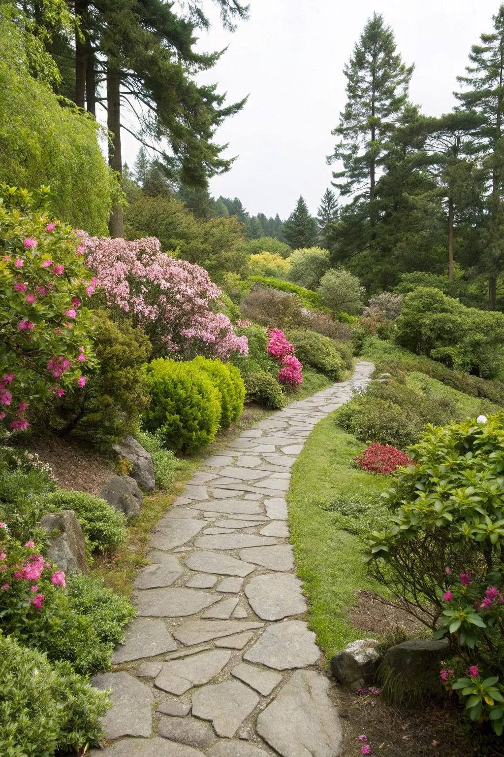 Natural stone pathways blend seamlessly with garden greenery