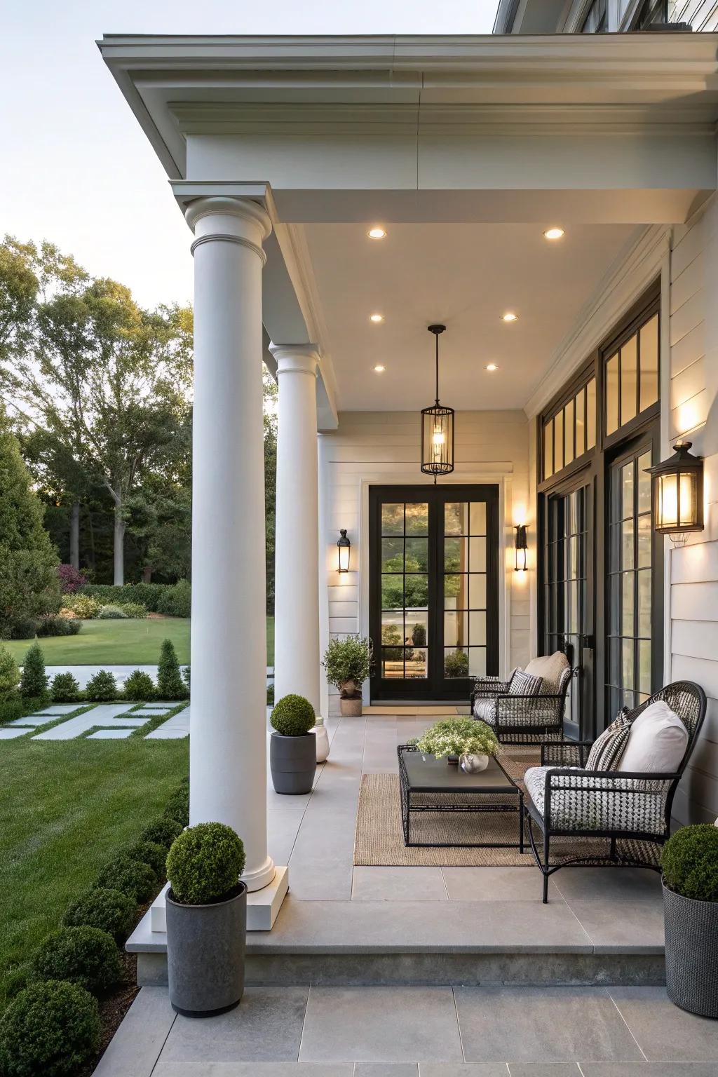 Symmetrical columns provide a balanced look to this porch.