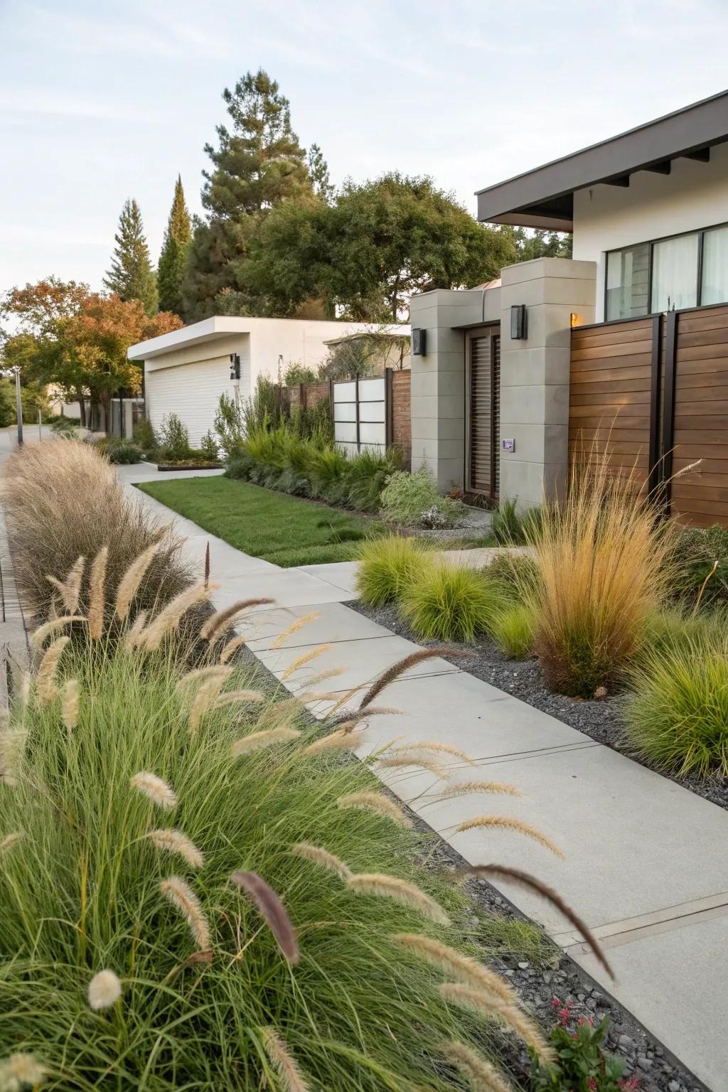 Ornamental grasses add height and movement to a modern landscape.