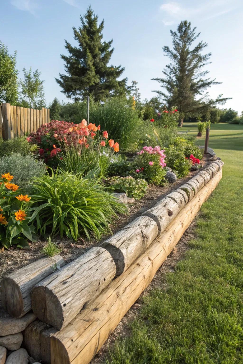 Wooden log edging adds rustic charm with a modern twist.