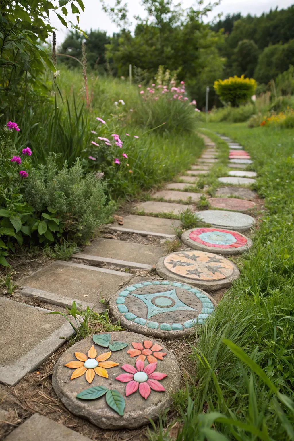 Colorful DIY stepping stones add personality to the garden path.